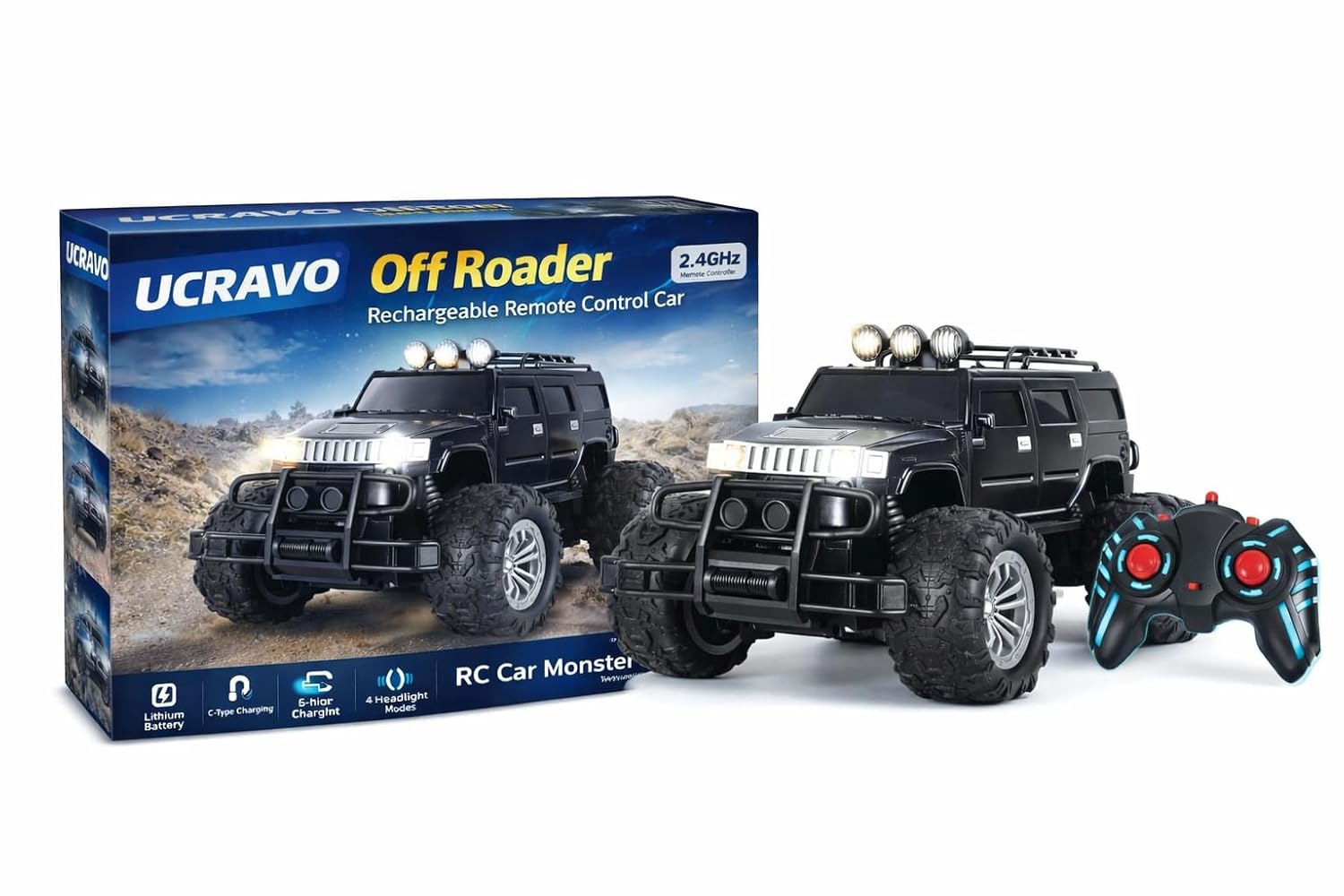 UCRAVO Off Roader RC Car for Boys 6-12 Rechargeable Monster Truck with 4 LED Headlight Modes,2.4GHz Remote Control Car,Lithium Battery,Type-C Fast Charging, All Terrain Off Road Toy Car Gift for Kids