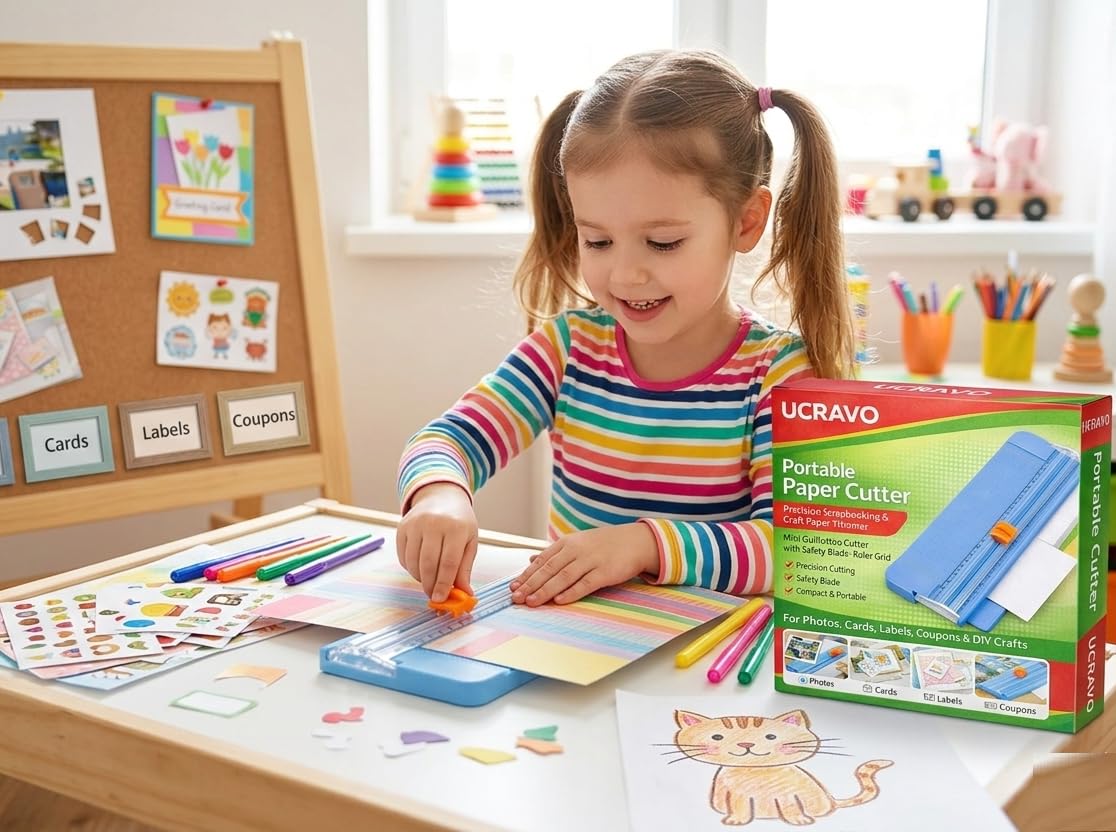 UCRAVO Small Guillotine Paper Cutter – Cute Portable Paper Trimmer with Automatic Safety Blade & Ruler Grid | A4 Precision Cutting Board for Scrapbooking, Photos, Labels, Coupons & Office Craft Use