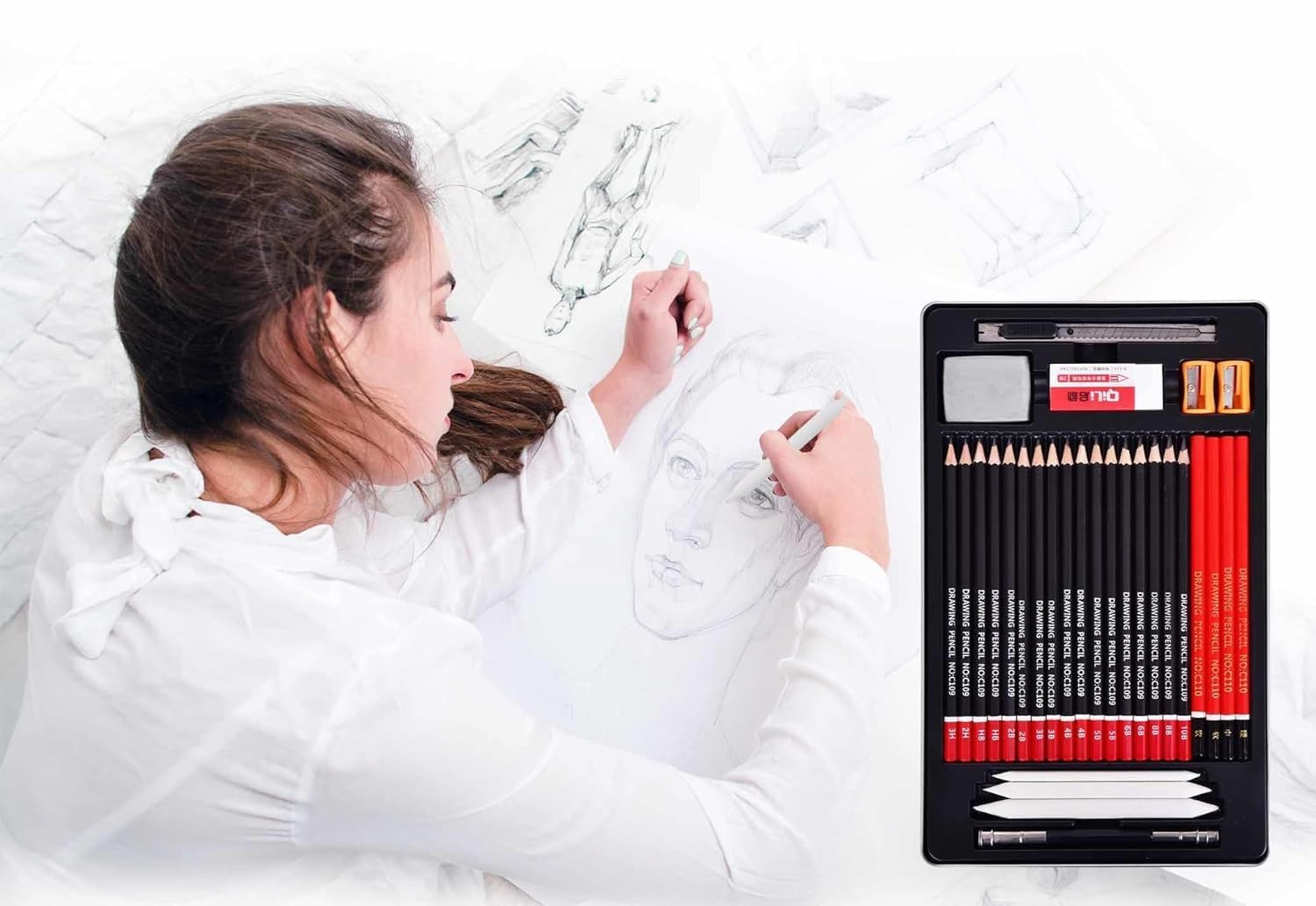 UCRAVO Professional Sketching & Drawing Pencil Set 30 Pcs Artist Kit with Graphite Shading Pencils,Charcoal, Blending Tools, Eraser & Sharpener Metal Box Art Supplies for Adults, Beginners, Students