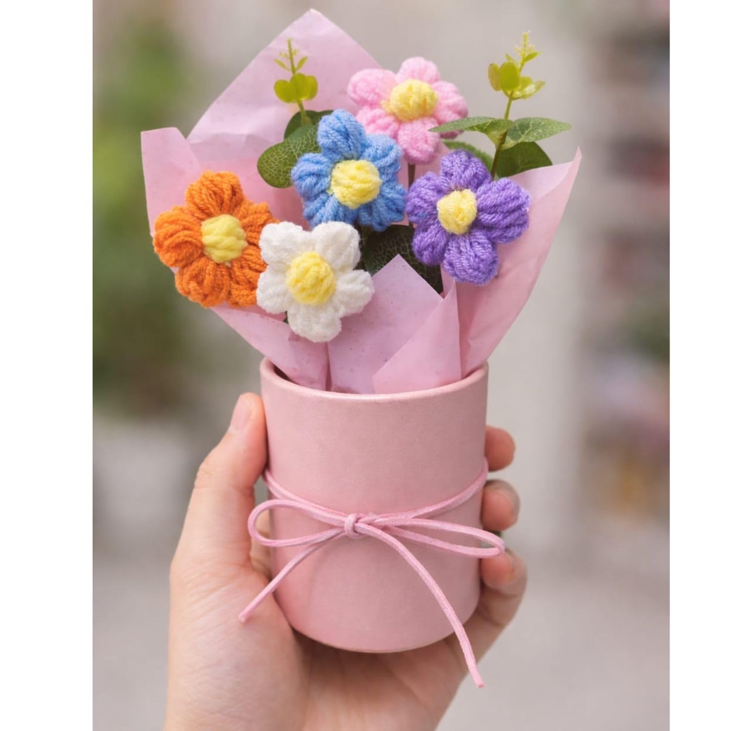 UCRAVO Artificial Crochet Flower Bouquet Multicolor Daisy – Handmade Knitted Flower Bouquet with Pot, Cute Mini Artificial Flower Arrangement for Desk Decor, Room Decoration, Gift for Girls & Friends