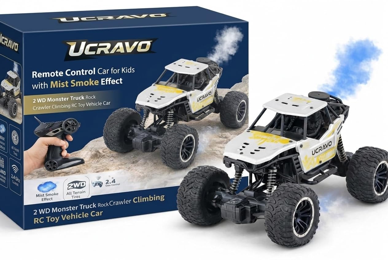 UCRAVO Remote Control Off Road Monster Truck for Kids with Mist Smoke Effect | 2WD Rock Crawler RC Car with 2.4GHz Remote Control | All Terrain Big Wheel RC Toy Vehicle for Boys Girls | RC Car Gift