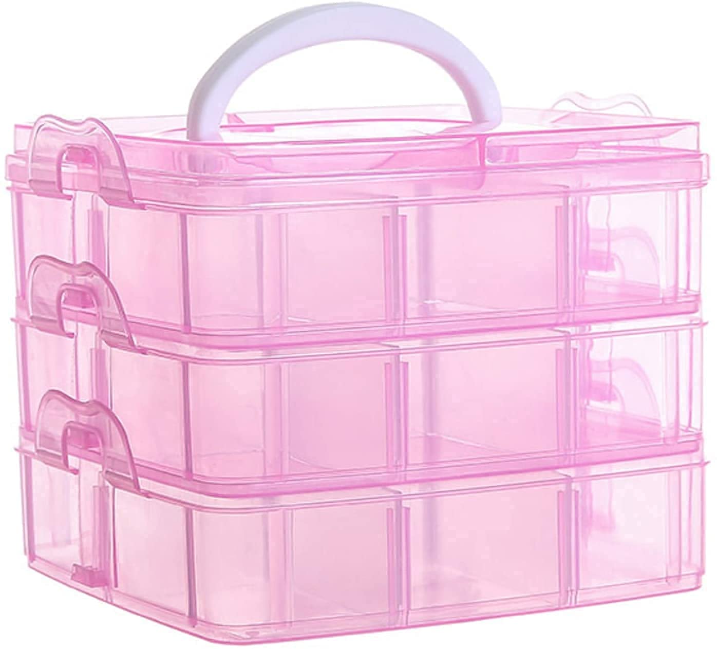 UCRAVO 1 PCS Plastic 3-Layer Jewelry Organizer Box with 18 Adjustable Dividers, Clear Transparent Storage Box with Collapsible & Removable Dividers, Stackable Toy Organizer Storage Case (PINK)