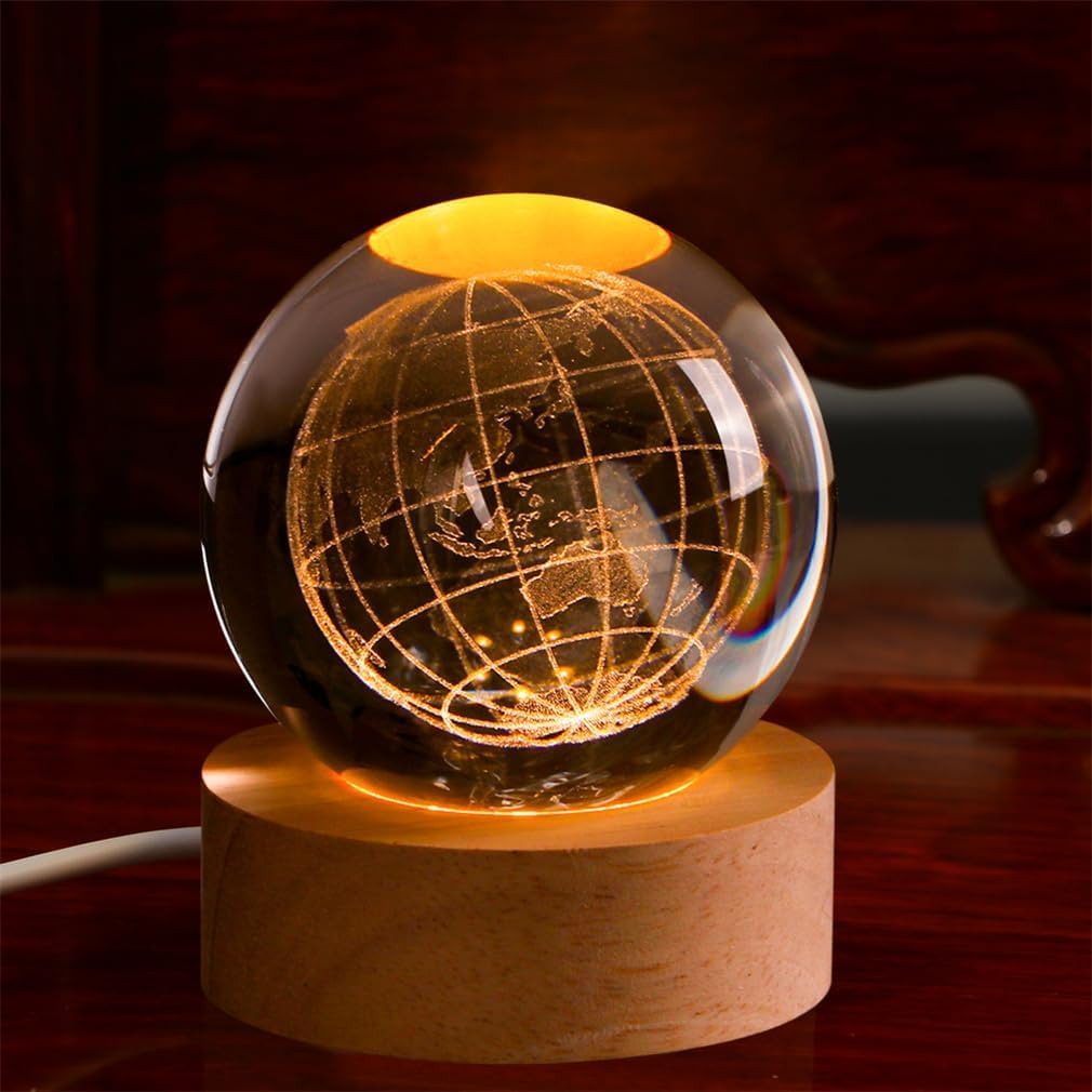 UCRAVO 3D Earth Crystal Ball Night Light Glass Ball Night Lamp with Wooden Base Fantasy Decoration Crsytal Ball LED Galaxy Planet Nightlight Bedroom Decor for Multipurpose Warm White Light(Globe)