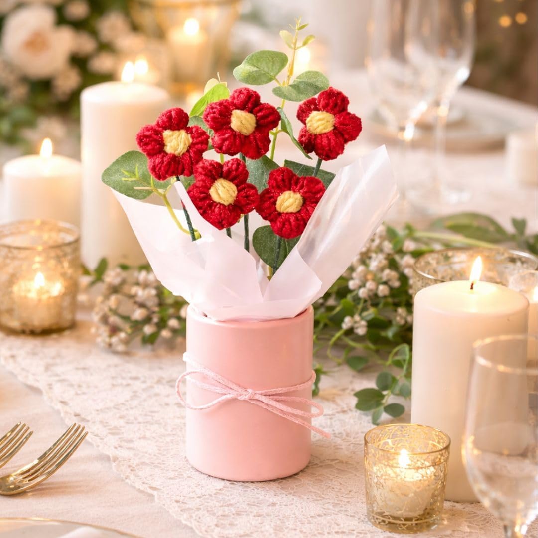 UCRAVO Crochet Flower Bouquet Handmade Knitted Artificial Flowers Cute Yarn Flower Mini Bouquet Gift Box,Aesthetic Romantic Gift for Girlfriend Wife Mom,Forever Flower Decoration for Desk Home Office