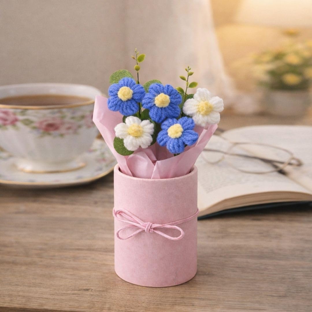UCRAVO Artificial Crochet Flower Bouquet Blue Daisy Handmade Knitted Flower Bunch with Pot, Cute Mini Flower Arrangement for Desk Decor, Home Decoration, Romantic Gift for Girls, Women, Birthday Gift