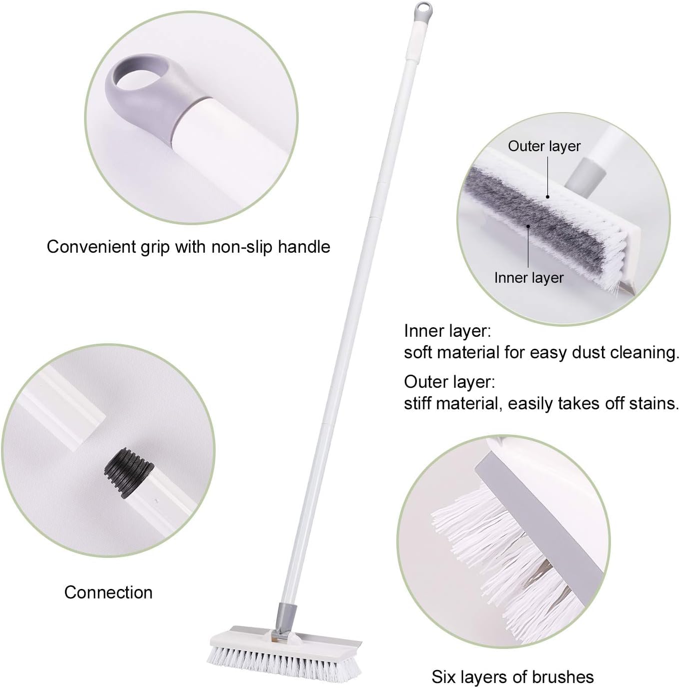 UCRAVO 1pc, Floor Scrub Brush with Long Handle, 2 in 1 Scrape and Brush, Tub and Tile for Cleaning Bathroom, Patio, Kitchen, Wall,Supplies, Bathroom Cleaning with Wiper