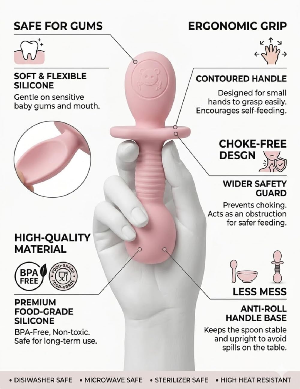 UCRAVO Baby Self Feeding Spoon and Fork Set for Toddlers Silicone Training Spoon Fork Set Anti Choke Guard Self Feeding Utensils for Babies Soft Toddler Learning Spoon Baby Led Weaning Spoon Set Pink