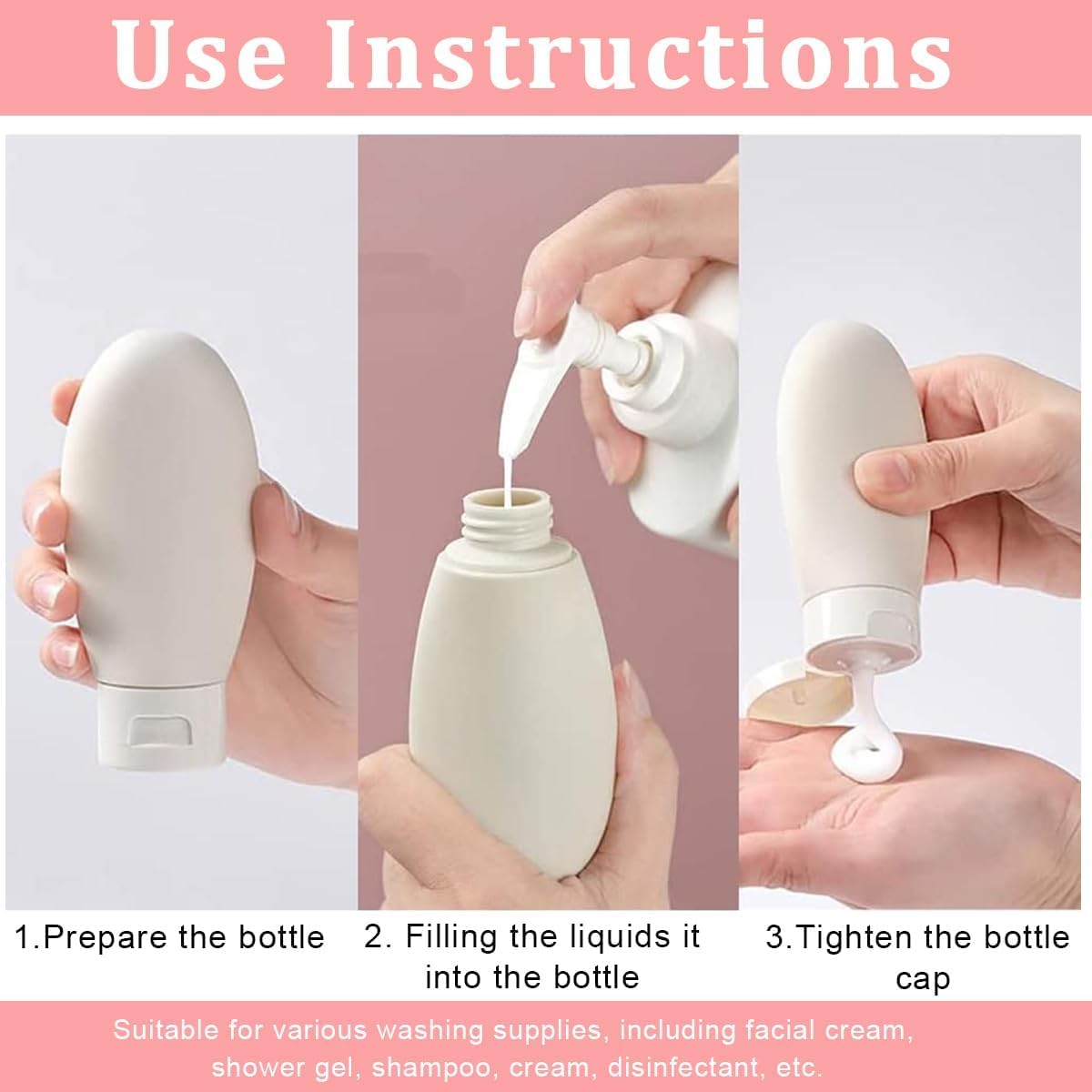 Ucravo 3 Pcs Travel Bottles for Toiletries, Portable Silicone Travel Container Set for Cream, Shampoo, Hand Wash, Lotion Storage, Leakproof Mini Travel Essentials for Women Travel Accessories(60ml)