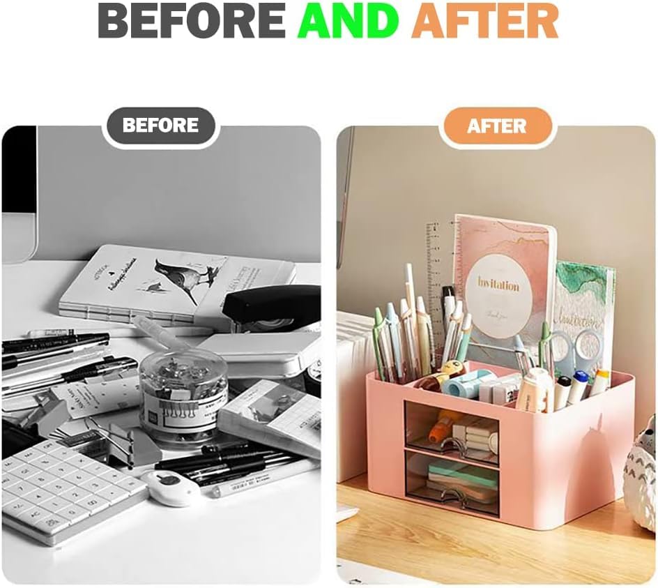 UCRAVO Multi-Functional Desk Organiser with 5 Compartments and 2 Drawer Desktop Office Supplies Stationery Storage Box Cosmetic Organizer for Ballpoint Pens Staplers Clips Sticky Notes - White