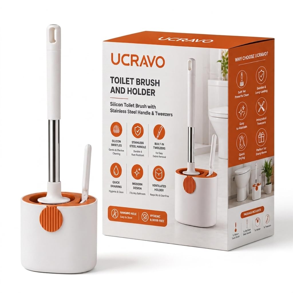 UCRAVO Toilet Cleaning Brush with Holder Stand Stainless Steel Handle & Tweezers, Wall Mounted Toilet Brush Cleaner with Caddy, Washroom Brush Cleaner, Durable Cleaner Brush for Bathroom Cleaning