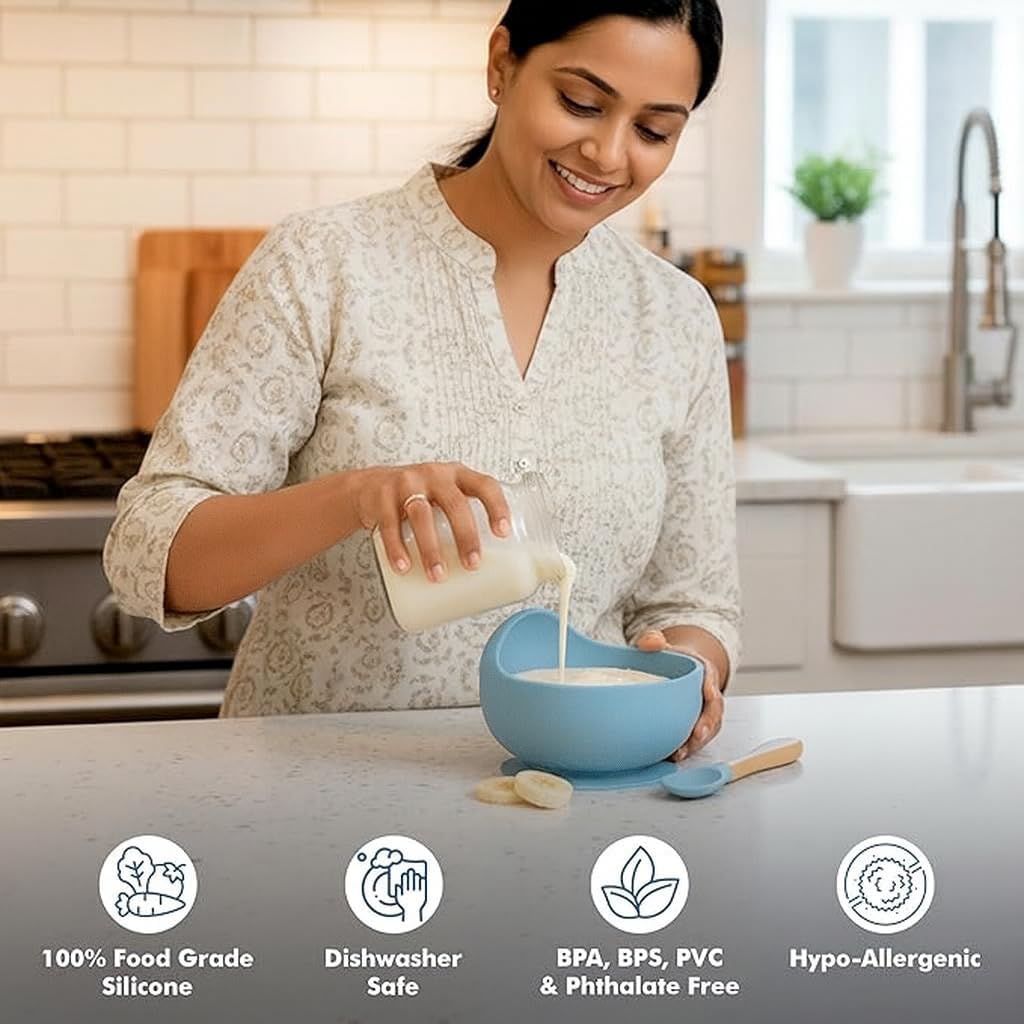 UCRAVO Blue Silicone Baby Feeding Bowl & Spoon Set with Strong Stay-Put Suction | 100% BPA Free Food Grade Silicone | First Stage Self-Feeding Essentials for Infants & Toddlers | Dishwasher Safe