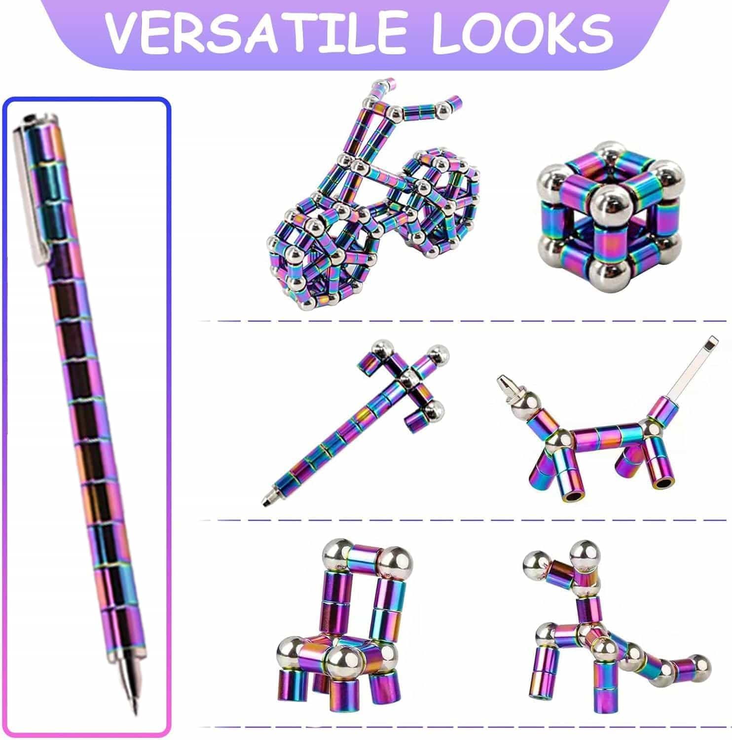 UCRAVO Magnetic Fidget Pen Decompression Magnetic Metal Pen,Toy Pen Relief Stress Build Various of Shapes Multifunctional Deformable Magnet Writing Pen Fidget Unique Gift for Boys and Girls (Rainbow)