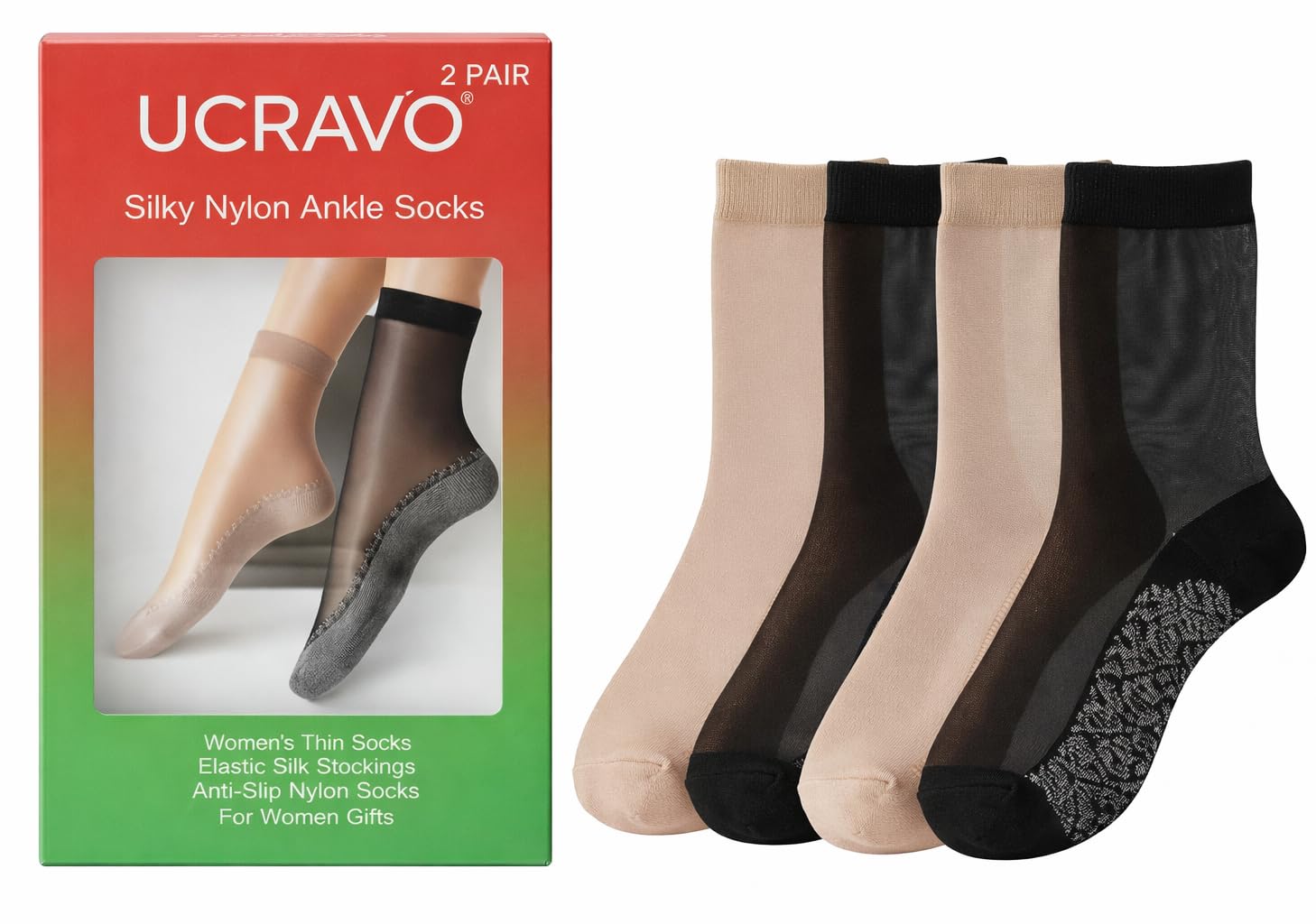 UCRAVO 2 Pair Silky Nylon Ankle Socks for Women & Girls | Thin Elastic Silk Feel Socks | Anti-Slip No Show Low Cut Nylon Stockings | Lightweight Breathable Short Socks for Daily Wear Office Casual