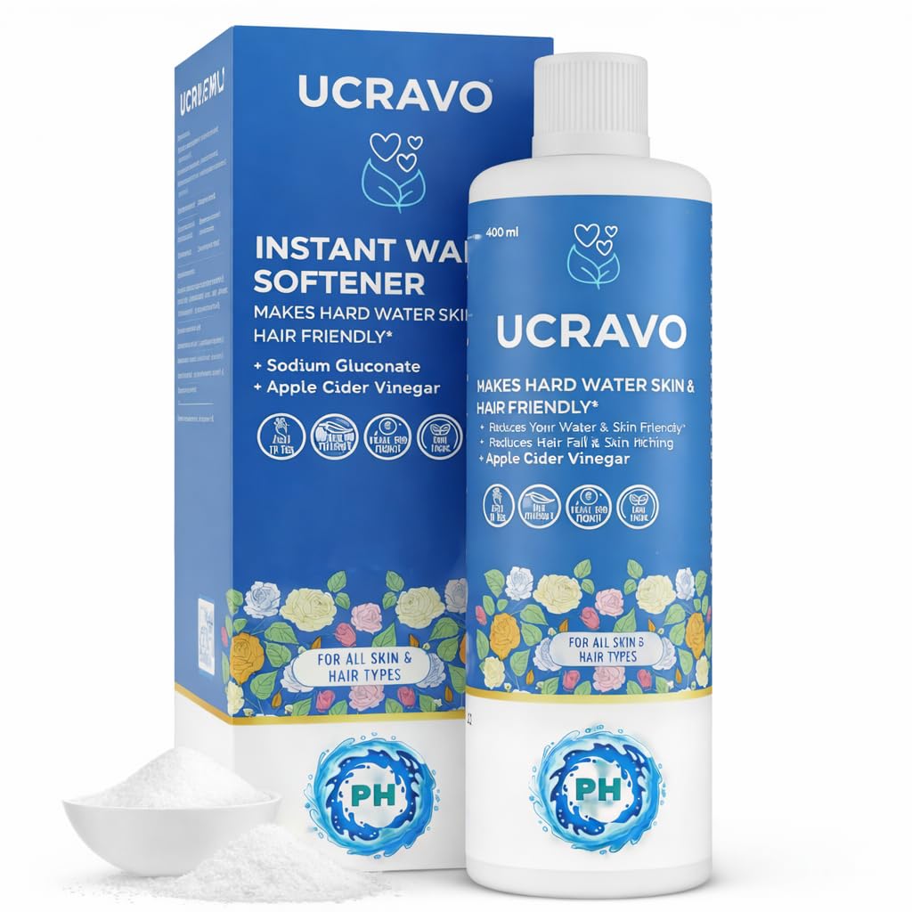 UCRAVO Instant Water Softener for Hard Water Shower Hair &Skin Friendly pH Balanced Formula with Sodium Gluconate & Apple Cider Vinegar Reduces Hair Fall,Dandruff,Dry Skin & Itching Skin & Hair Types
