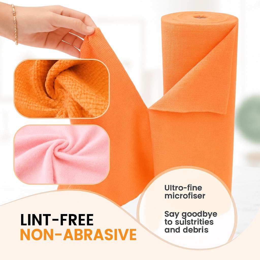 NESTVORA Reusable Microfiber Cleaning Cloth (1 ROLL, 50 Sheet, Orange), Home Reusable Towel, Micro Fiber Cleaning Cloth for Kitchen, Kitchen Cleaning Towel, Cleaning Wipes Roll