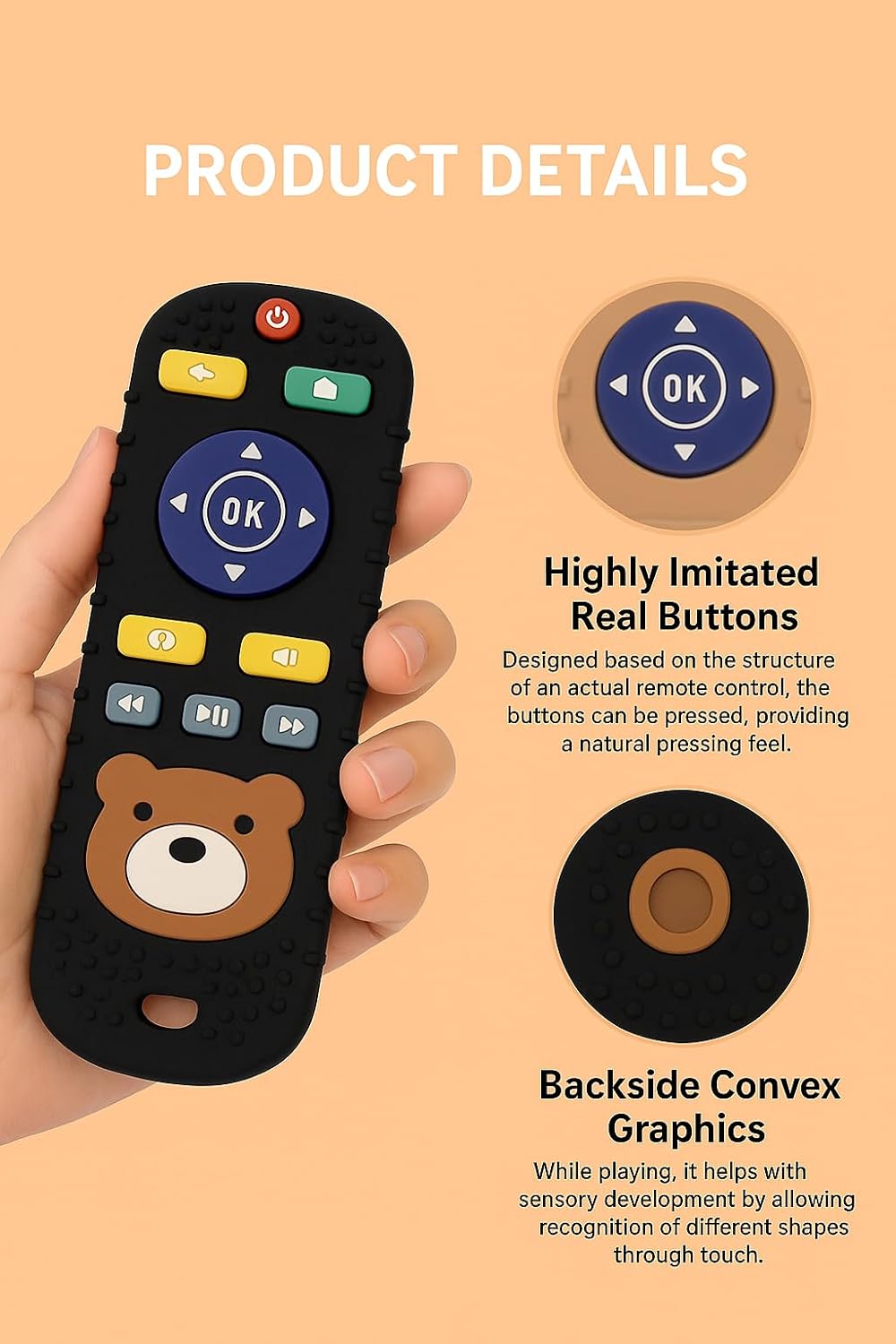 UCRAVO Remote Control Silicone Teether for Baby | Food Grade TV Remote Shape Teething Toy | Soft, Easy-to-Clean, Sensory Relief Chewing,Biting Toy for Infants & Toddlers, Babies (3–18 Months)-Beige