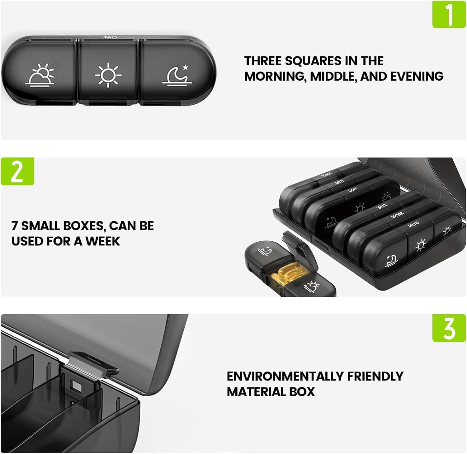 UCRAVO Weekly Pill Organizer 7 Days with AM PM Icons |Removable Daily Pill Boxes | Leak-Proof Medicine Case for Tablets, Vitamins & Supplements | BPA-Free Travel Pill Box for Adults & Seniors (Black)