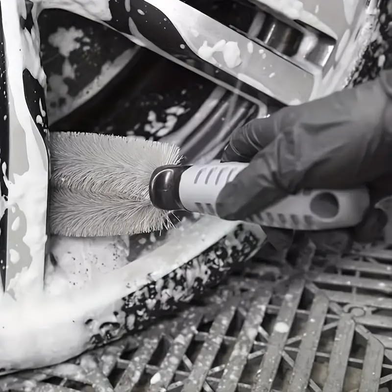 UCRAVO Car Wheel Brush, Anti-Skid Rim Cleaner Brush for Car, Bike & SUV, Heavy Duty Wheel and Tire Cleaning Brush with Soft Bristles, Ergonomic Grip Handle, Car Wash Accessories for Alloy Wheels