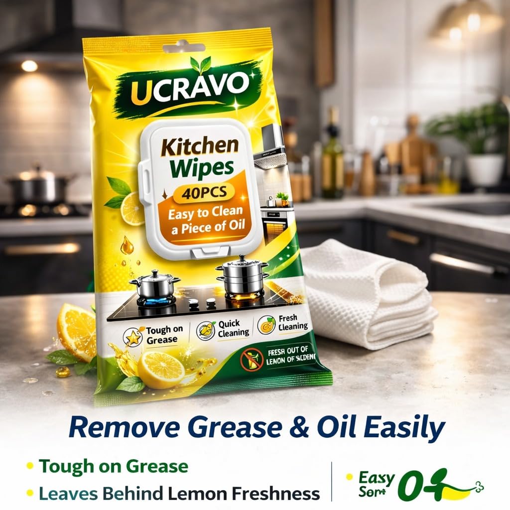 UCRAVO Kitchen Wipes 40 PCS – Lemon Scent Anti Bacterial Cleaning Wipes | Powerful Degreaser Disposable Kitchen Cleaning Tissue | Removes Oil Grease Stains | Multipurpose Surface Cleaning Wipes