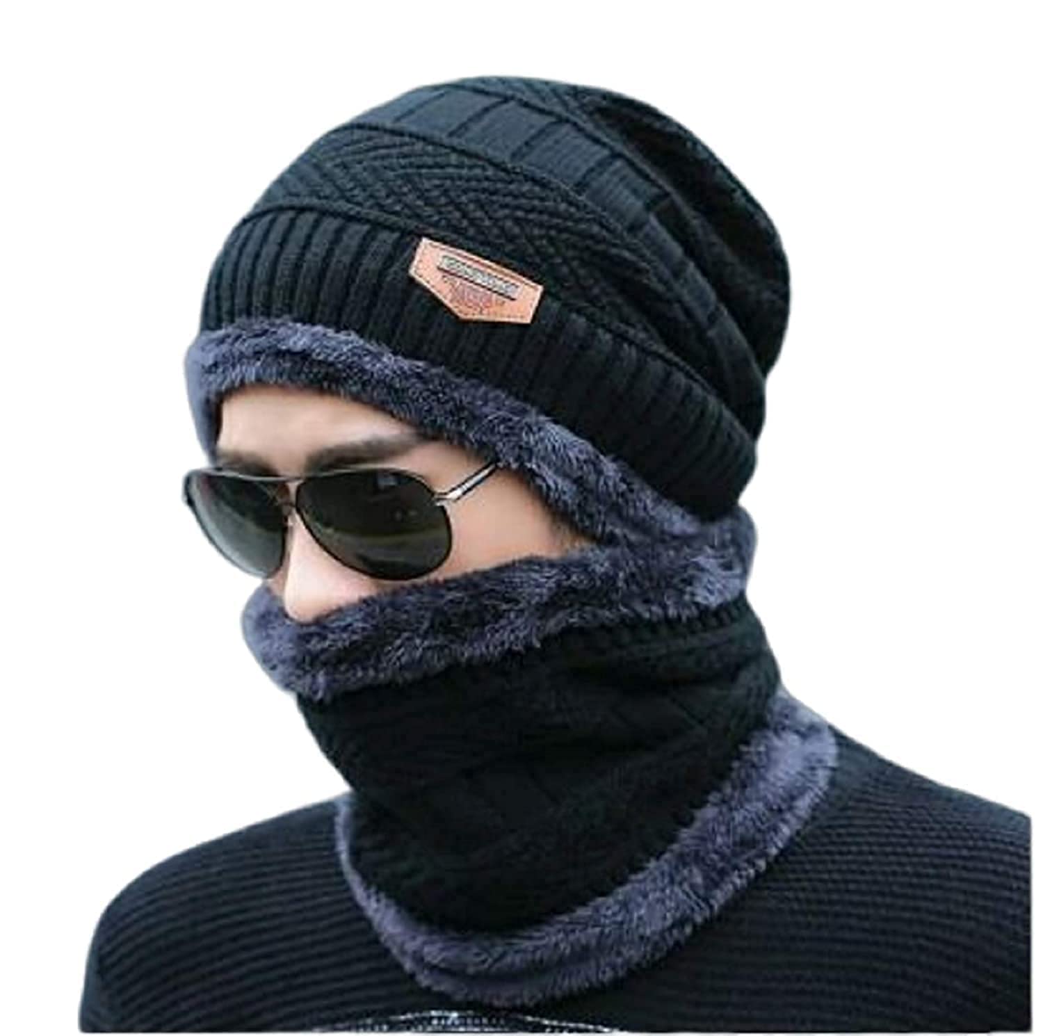 UCRAVO Unisex Wool Winter Casual Style Cap For Men Hats For Men Women-Garam Neck Warmer Winter Hat Scarf Set Fleece Lined Cap With Pom, Black Knit Beanie Stocking Stuffers Topaa, Blue,Silver, Onesize