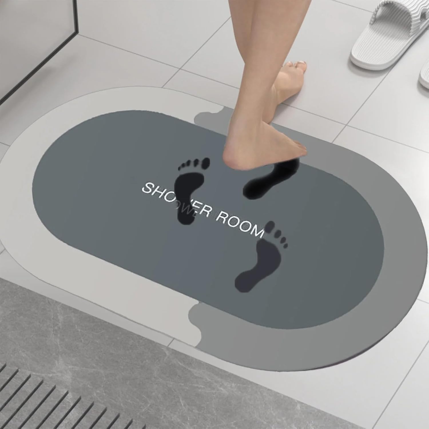 UCRAVO 1PCS Oval Bath Bathroom Rugs Mat Non Slip, Diatomaceous Earth Stone Farmhouse Water Absorbent Washable Thin Small Bathmat Set with Rubber Back Quick Dry Fit Under Door for Bathroom Floor Shower