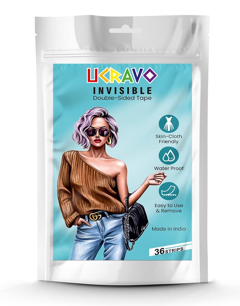 UCRAVO Double Sided Tape for Fashion Clothes Skin | Fabric Tape & Body Tape | Strong Multi Use Transparent Clear Color | Fabric and Skin Friendly for All Skin Shades (72 Strips)