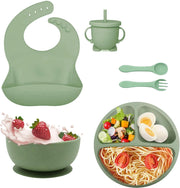 UCRAVO Baby Silicone Feeding Set 6 PCS – Green |Complete Baby Weaning Set with Non-Slip Suction Bowl, Divided Plate, Soft Silicone Bib, Training Sippy Cup, Baby Spoon & Fork Toddler Feeding Dinnerware