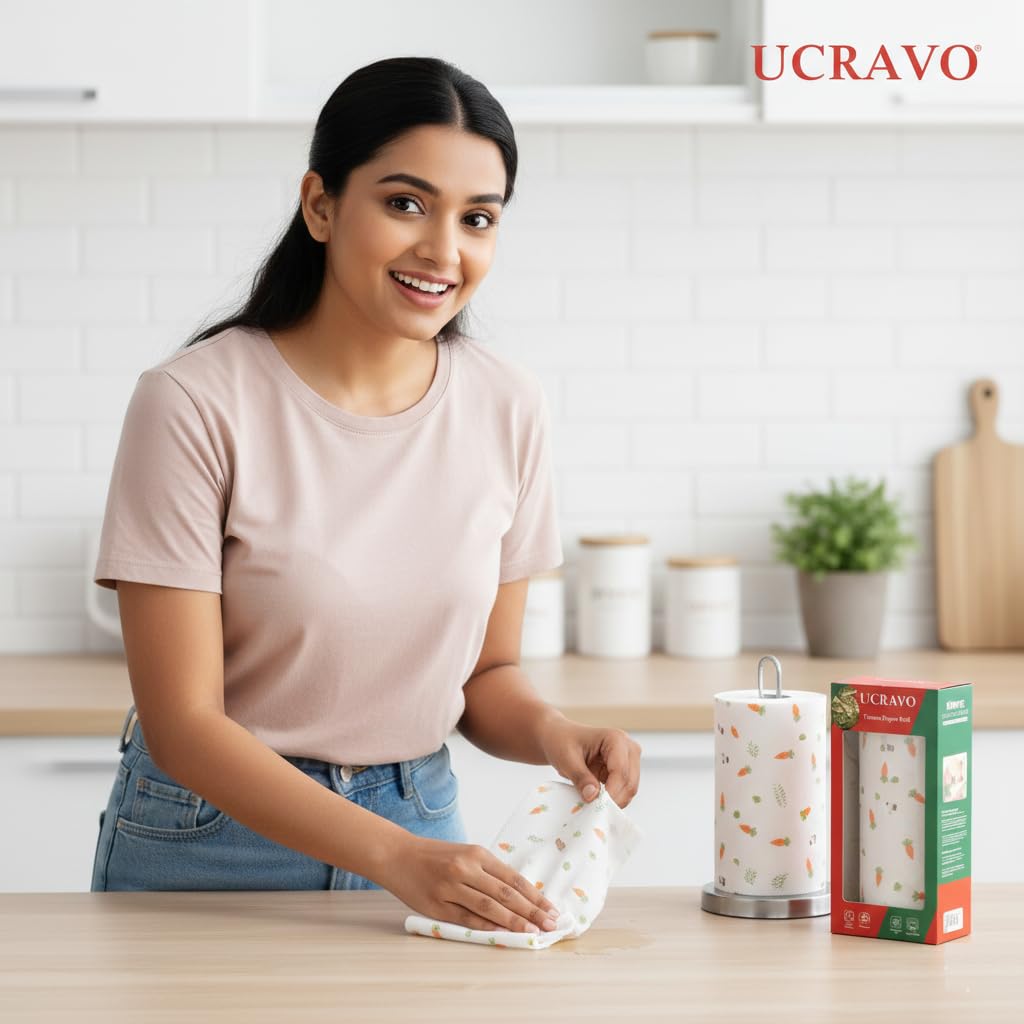 UCRAVO Reusable Kitchen Paper Towel Roll | Washable & Reusable Cleaning Cloth Sheets Super Absorbent Eco Friendly Paper Towel for Kitchen Cleaning,Oil Spills,Water Wiping,Sink,Table & Home Use