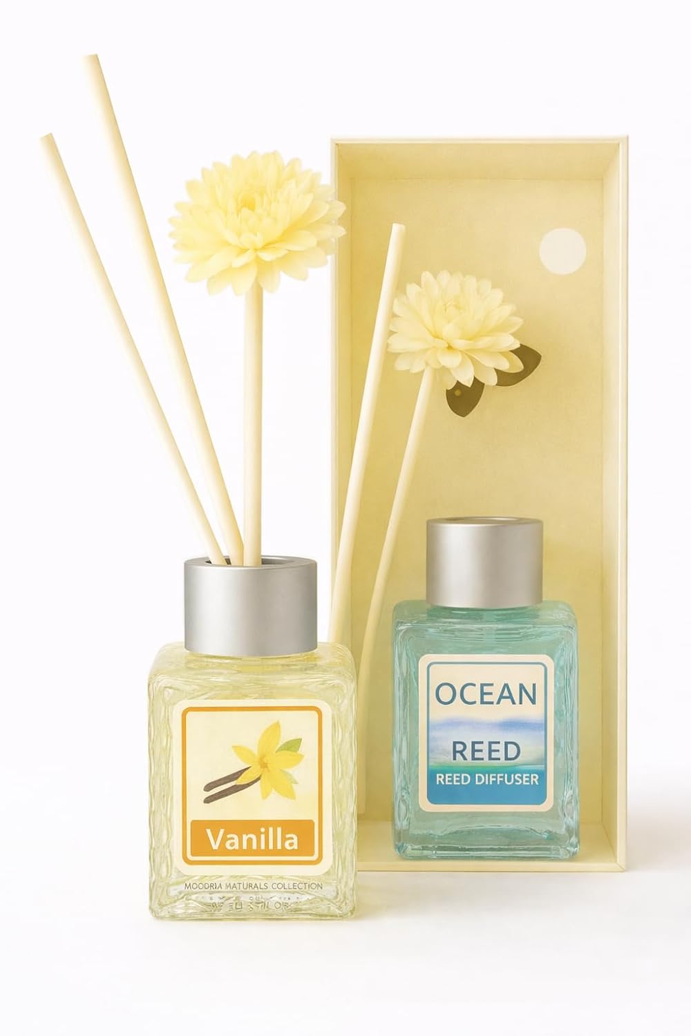 UCRAVO Vanilla & Ocean Reed Diffuser Combo | Premium Home Fragrance Oil Set with Decorative Flower Sticks | Long Lasting Air Freshener for Living Room, Bedroom, Bathroom, Office & Spa (Pack of 2)