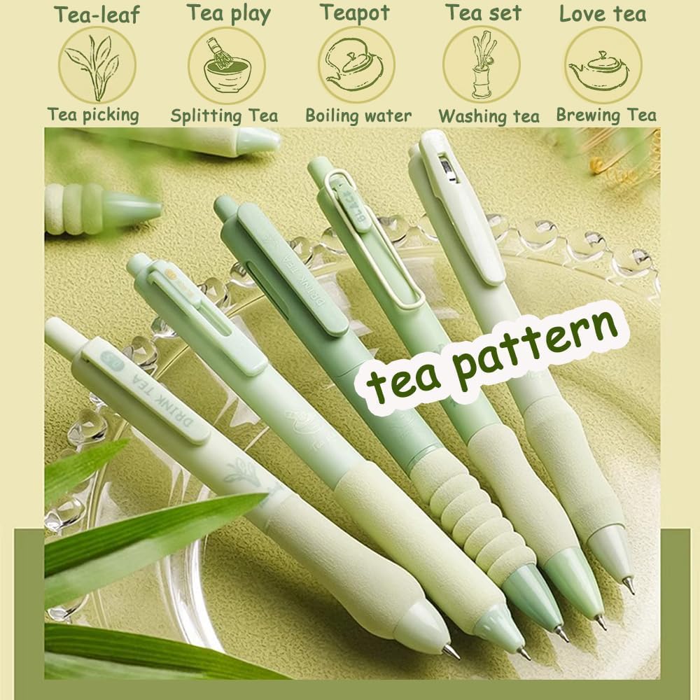 UCRAVO Green Tea 5 Pcs Gel Retractable Quick Dry Blue Ink 0.5mm Fine Point Aesthetic Stuff Ink Comfort Grip Smooth Writing Journaling Note Taking Pens Bulk Pens School Office Supplies Green