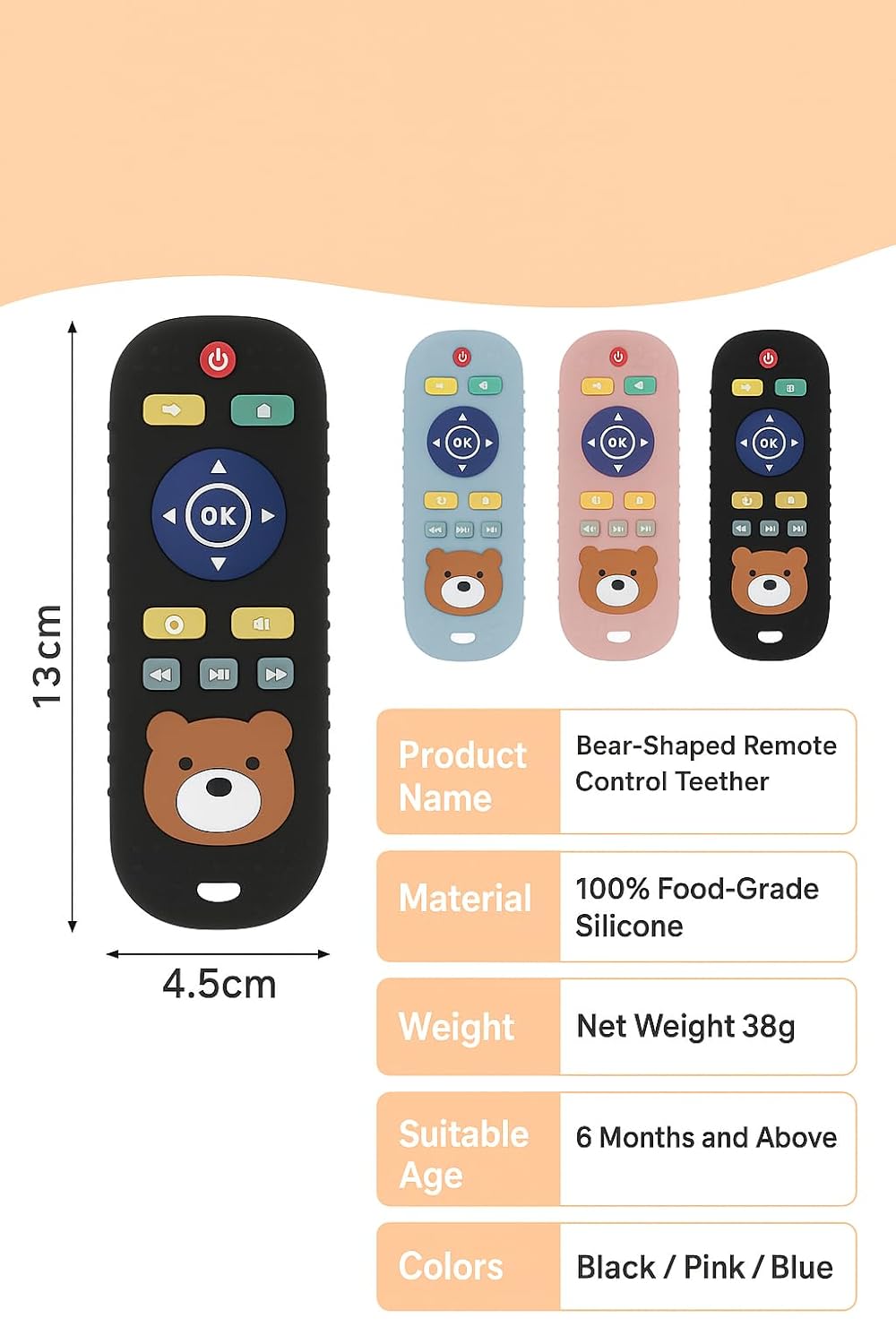 UCRAVO Silicone Remote Teether for Babies – Teething Toy for 3+ Months & 6-12 Months Baby | Safe BPA-Free Helps Infant Biting Toy | Remote Control Shaped Teether for Toddlers,Activity Toys | Black
