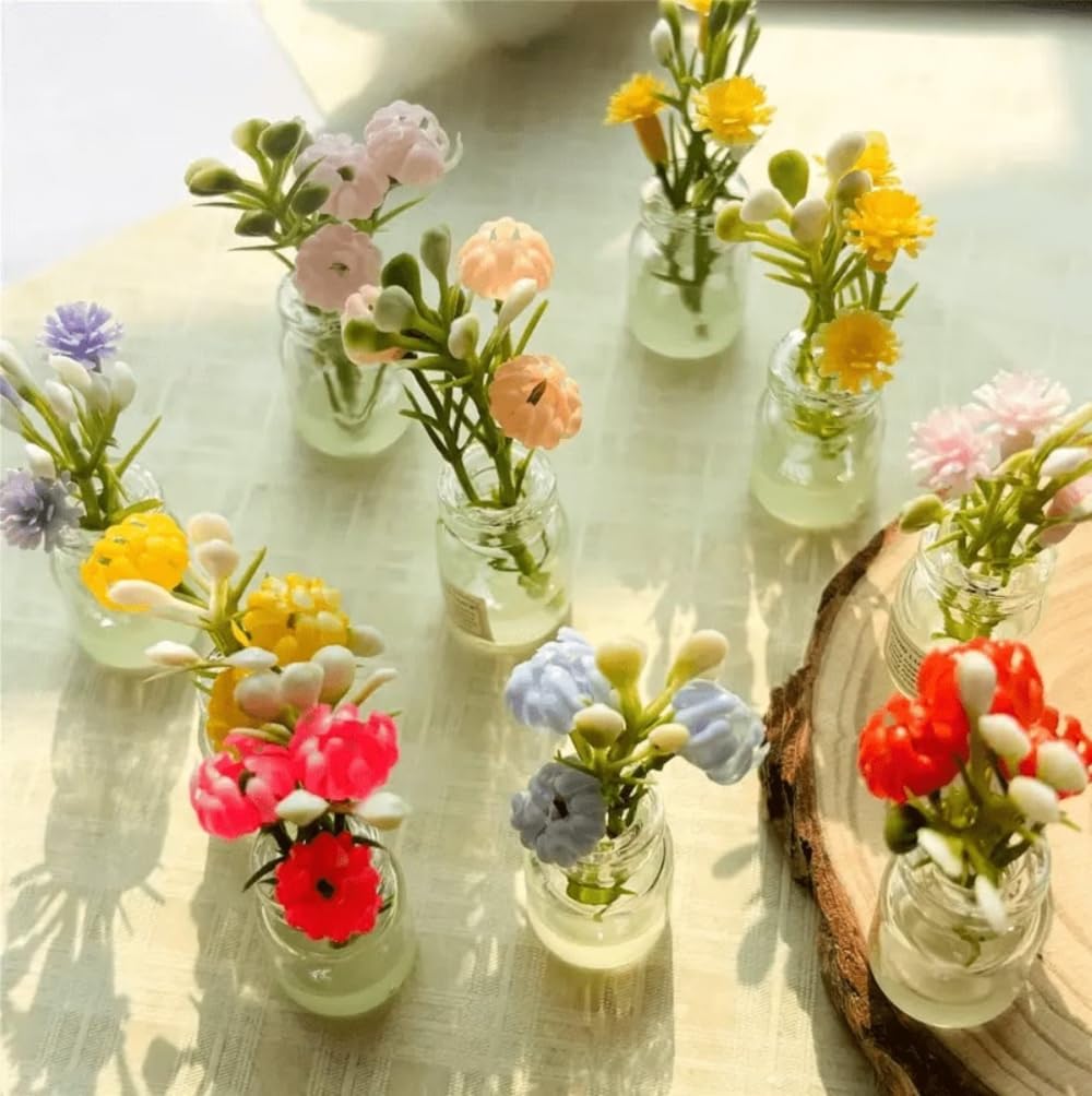 UCRAVO Mini Artificial Flower Vase Set of 6 – Small Glass Bud Vases with Faux Flowers – Decorative Clear Bottle Vases for Living Room, Bedroom, Office Desk, Coffee Table, Rustic Farmhouse Home Decor (pack of 6)