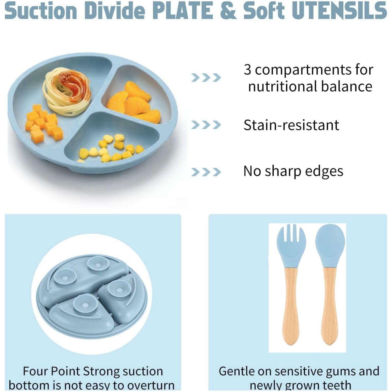 UCRAVO Blue Baby Feeding Set – Silicone Baby Led Weaning Feeding Kit with Adjustable Baby Bib,Suction Plate Divider,Suction Bowl,Straw Training Cup,Baby Spoon Fork Utensils,Self Feeding Tableware Set