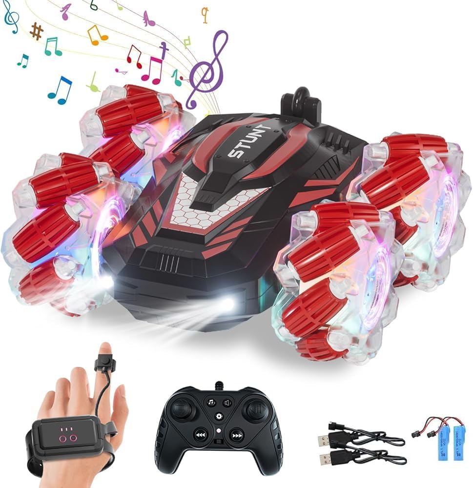 UCRAVO Gesture Sensing RC Stunt Car for Kids 6-12 Years, 360° Rotating Remote Control Car with Hand Gesture Watch, Double Sided Drifting Monster Truck, LED Lights Music, Rechargeable Toy Car Gift