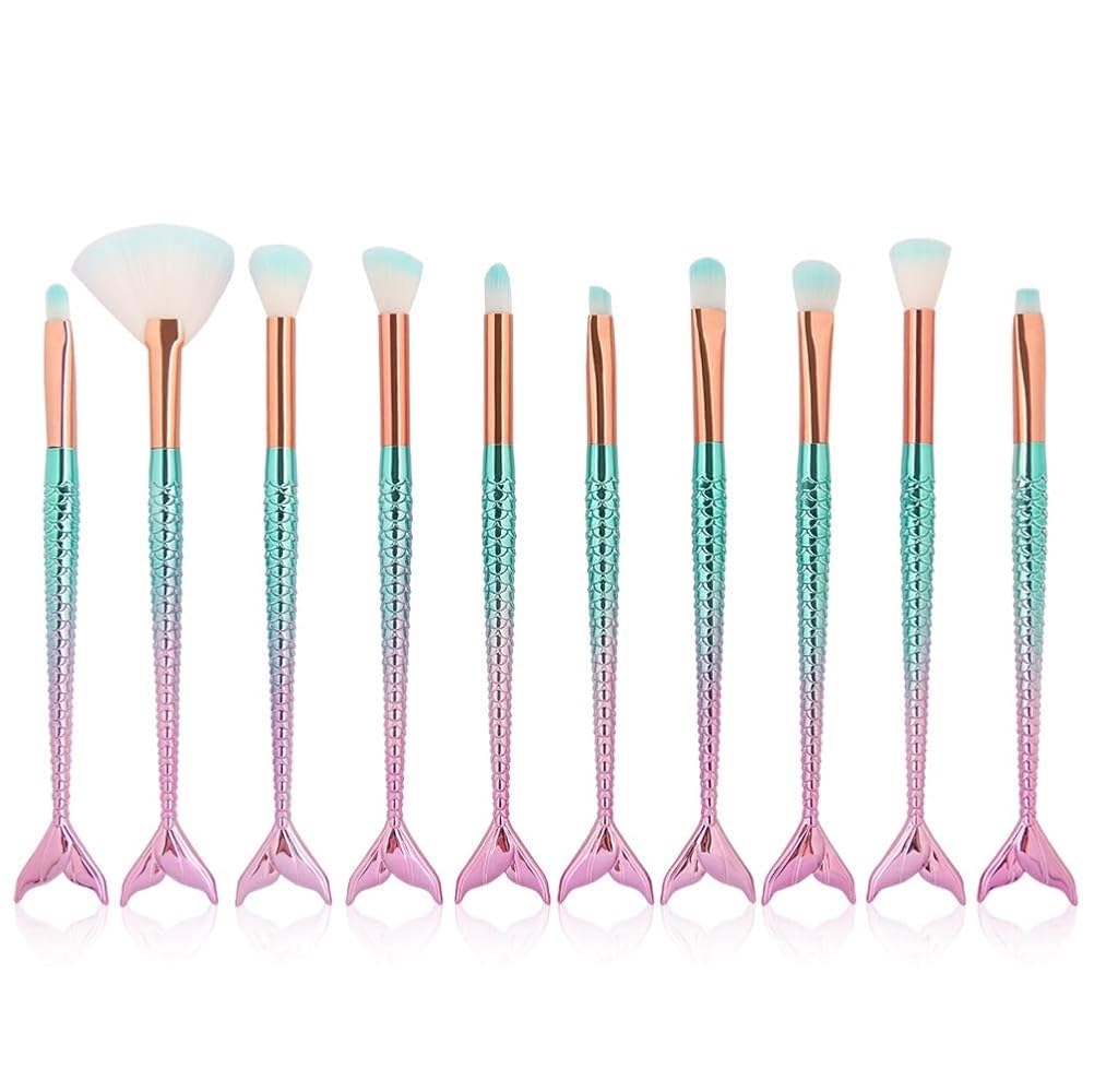 UCRAVO Mermaid Makeup Brush Set (10 PCS) Professional Makeup Brushes Kit with Fish Scale Handle, Soft Synthetic Bristles for Foundation, Blush, Eyeshadow, Contour & Highlight Cosmetic Brush Set for Women & Girls