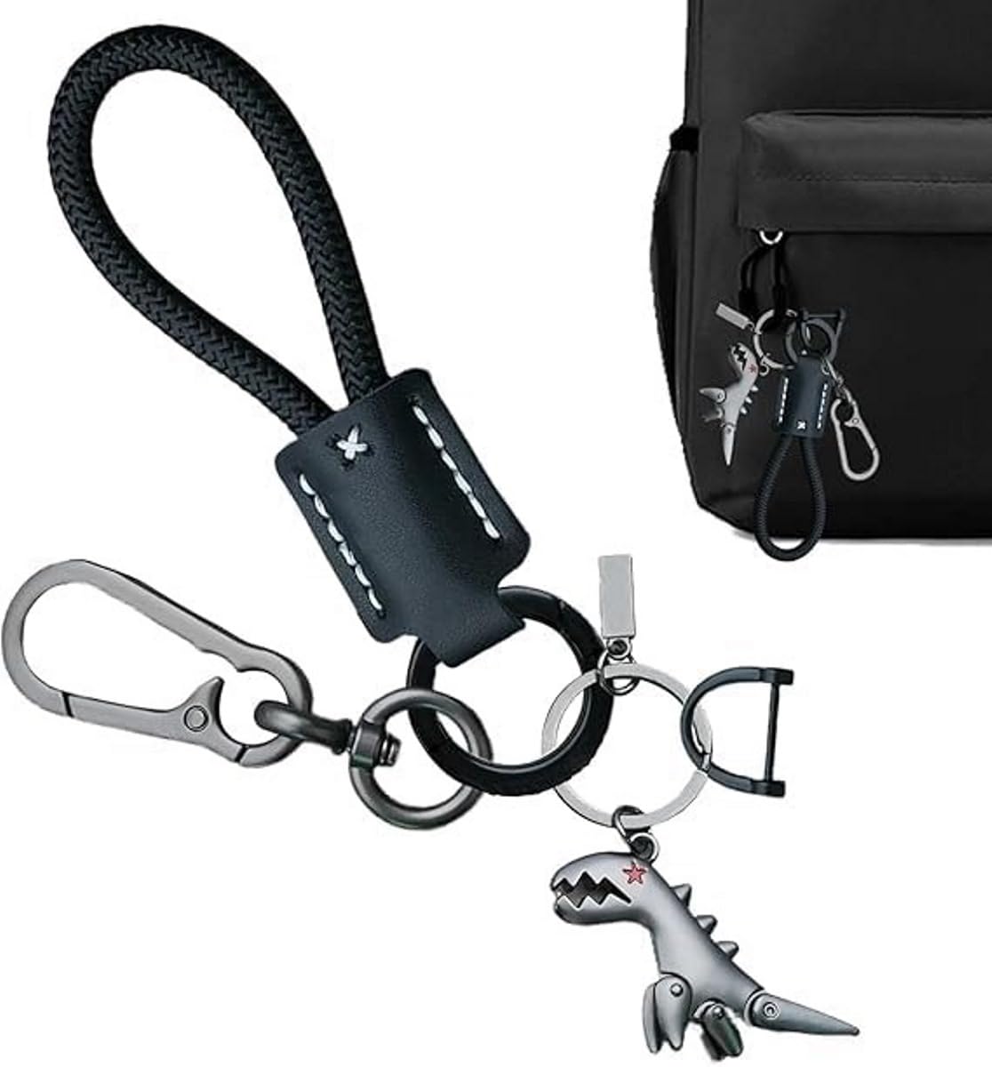 UCRAVO Metal Keychain for Men & Women – Dinosaur Keyring with a Hand-Woven Bracelet,Carabiner Clip & Braided Strap Heavy Duty Key Holder for Car,Bike,Office & Travel Stylish Key Chain Accessory Gift