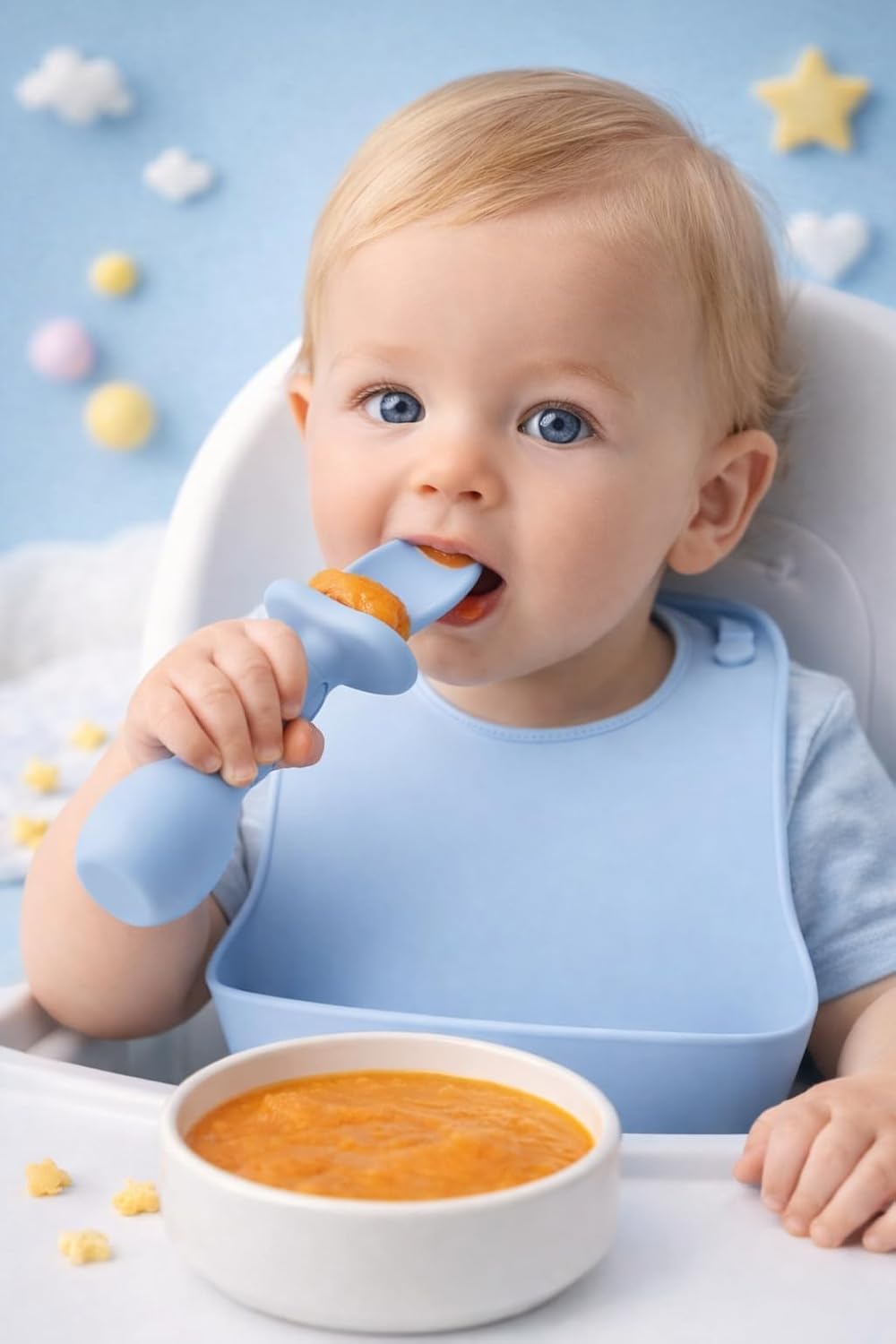UCRAVO Silicone Baby Self Feeding Spoon and Fork Set for Babies | BPA Free Toddler Training Spoon Fork | Anti Choke Guard Baby Feeding Utensils Baby Led Weaning Spoon Set for Infants & Toddlers Blue