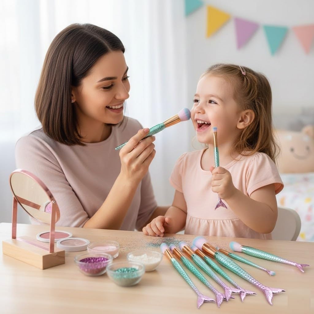 UCRAVO Mermaid Makeup Brush Set (10 PCS) Professional Makeup Brushes Kit with Fish Scale Handle, Soft Synthetic Bristles for Foundation, Blush, Eyeshadow, Contour & Highlight Cosmetic Brush Set for Women & Girls