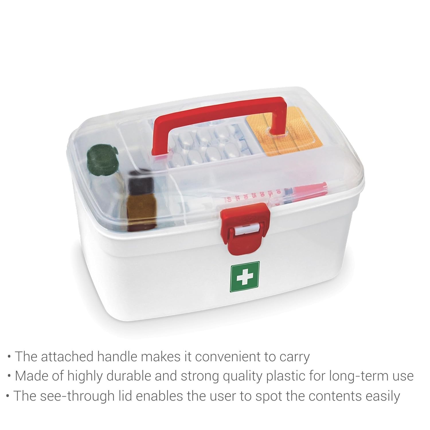 UCRAVO Medical Box, First Aid Empty Medicine Storage Box | Organizer | Attached Handle | Family Emergency Kit | Detachable Tray | Easily Accessible with a Transparent Lockable Lid (WHITE)