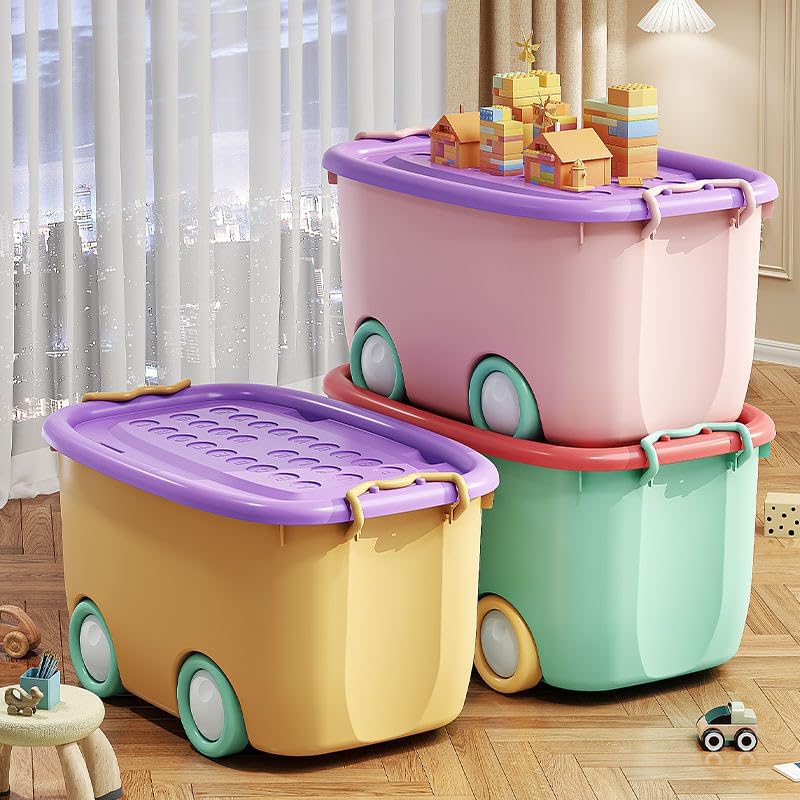 UCRAVO 45L Rolling Toy Storage Box with Wheels & Lid – Large Kids Storage Organizer, Stackable Plastic Storage Bin, Multi-Purpose Toy Container for Bedroom, Playroom & Home Organization