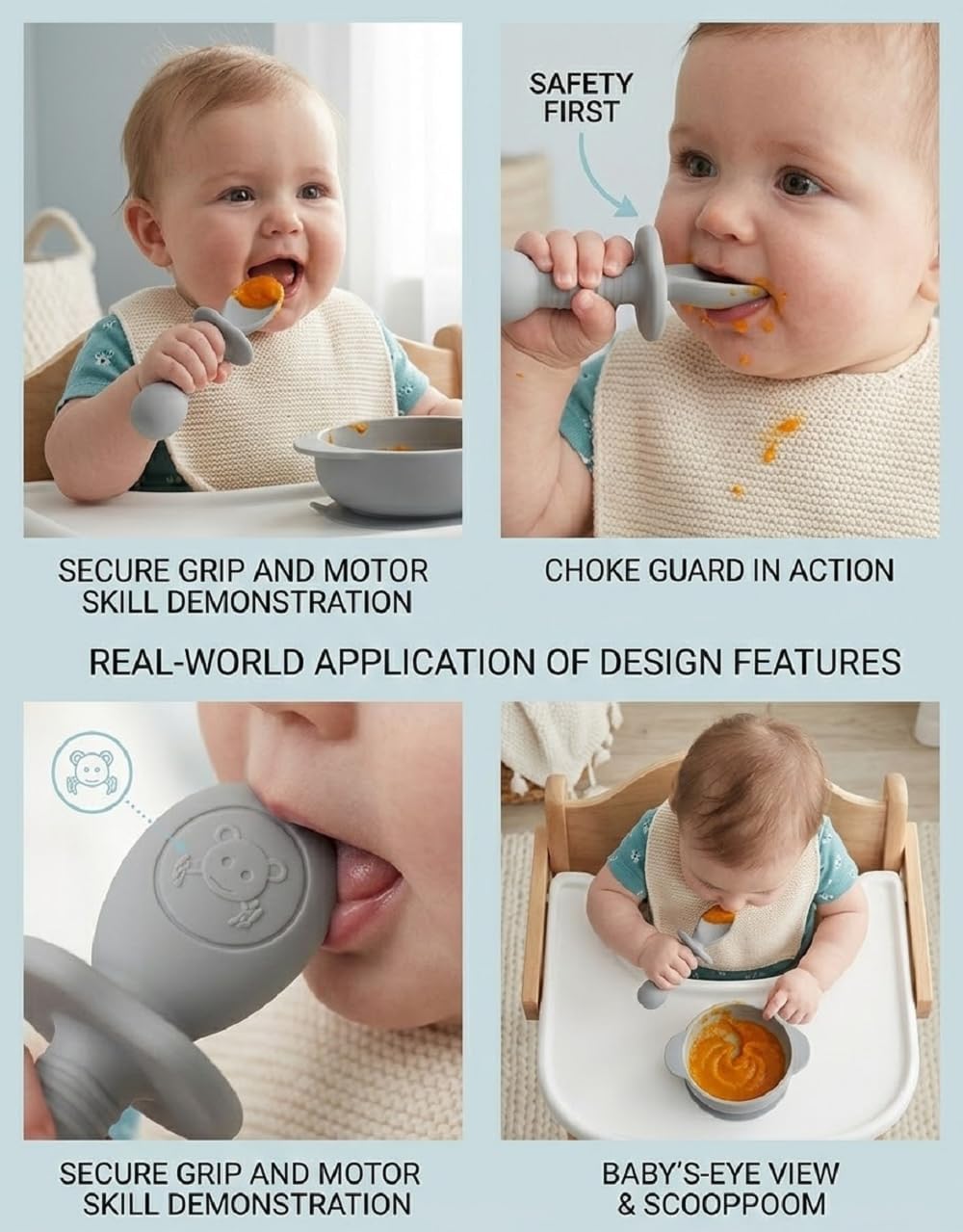 UCRAVO Silicone Baby Spoon Fork Set for Self Feeding | BPA Free Baby Training Utensils | Anti Choke Guard Baby Feeding Spoon & Fork | Baby Led Weaning Utensils for Infants Toddlers Kids (Grey)