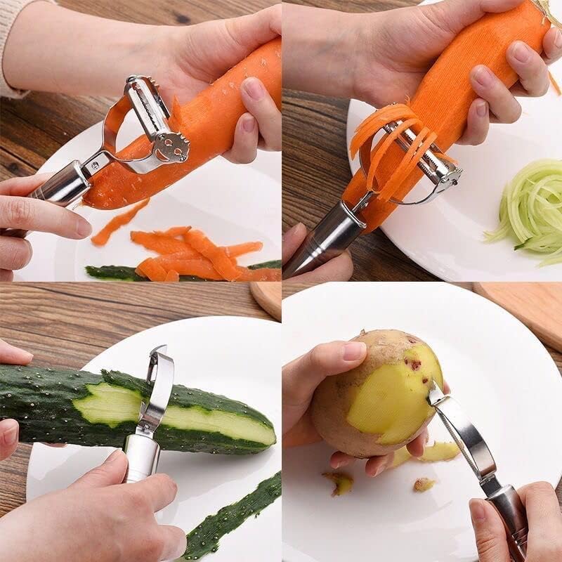 UCRAVO Premium Stainless Steel Vegetable Peeler, Julienne Cutter & Fruit Knife Set for Kitchen | 3-in-1 Multi Functional Peeler for Potato, Carrot, Fruits | Sharp Blade, Rust-Free, Dishwasher Safe