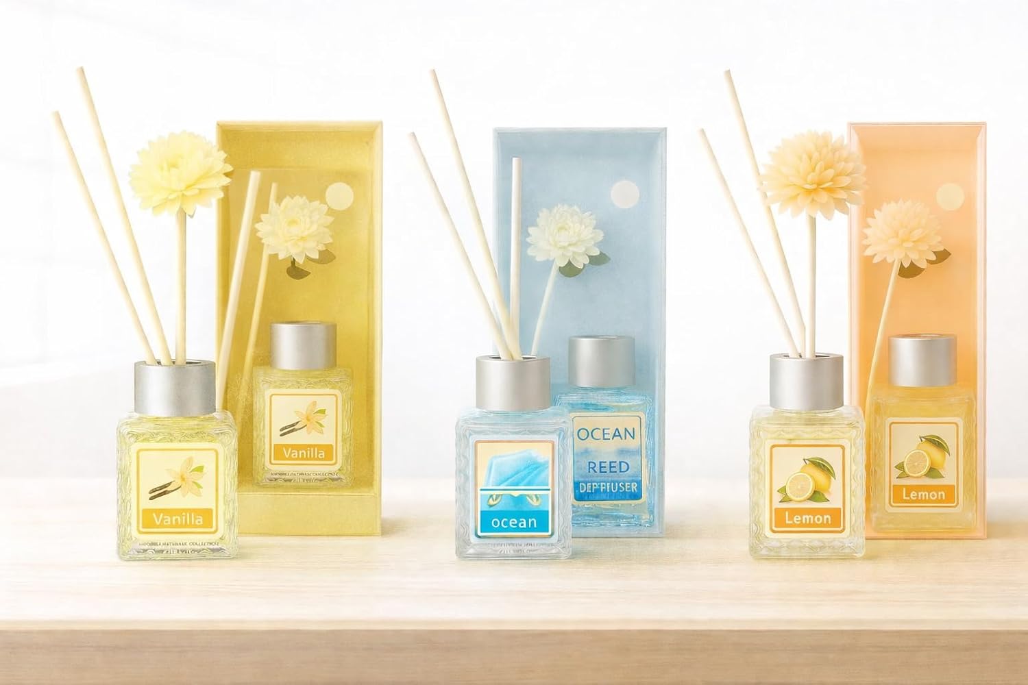 UCRAVO Vanilla Lemon Ocean Reed Diffuser Combo Set | Sweet Citrus Fresh Marine Aroma Oils | 3 Bottles Long Lasting Room Freshener for Home Bedroom Living Room Office Bathroom