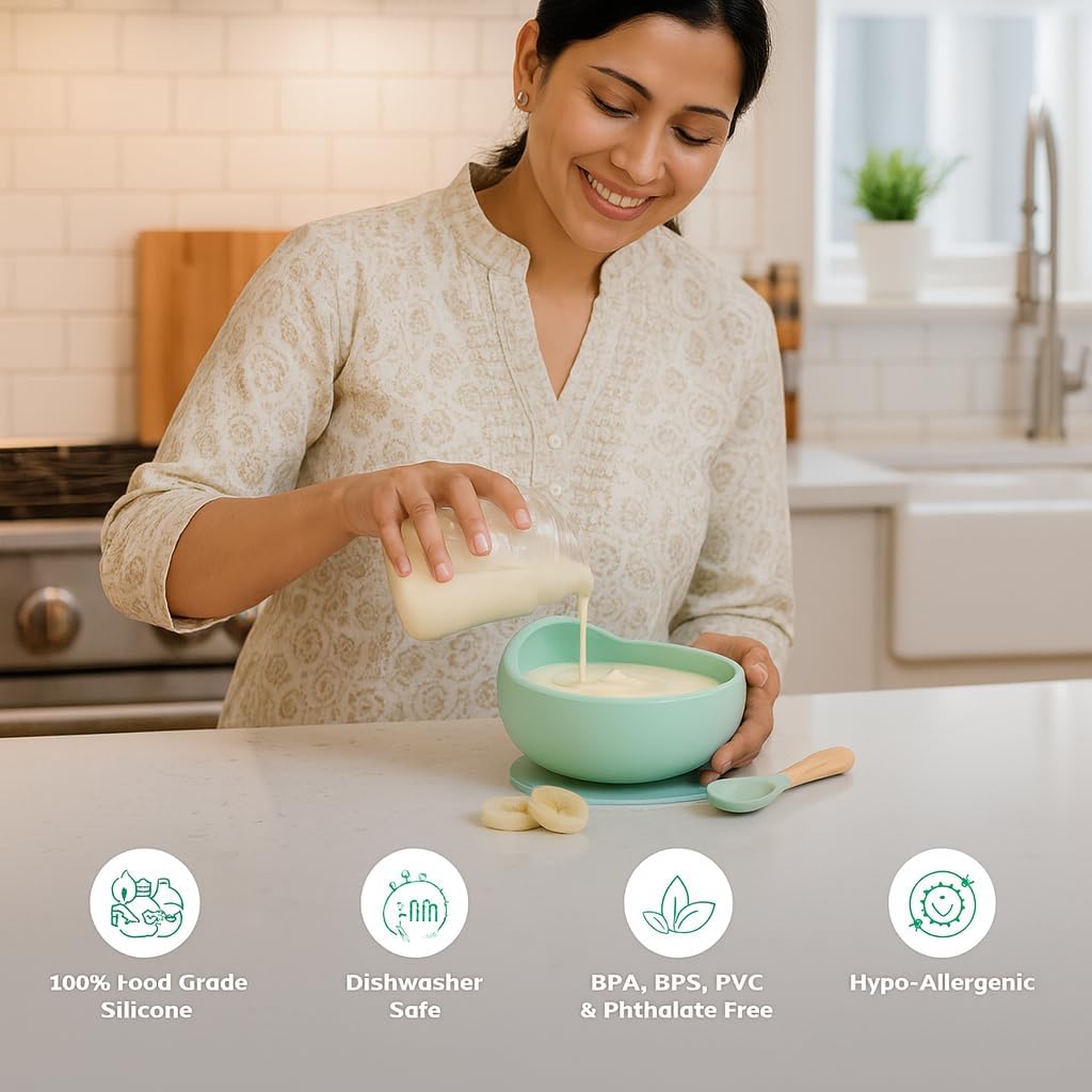 UCRAVO Baby Feeding Bowl & Spoon Set Green Silicone Suction Bowl for Baby Food Baby Bowl with Strong Suction Base | Self Feeding Toddler Bowl with Soft Silicone Spoon | Baby Led Weaning Essentials