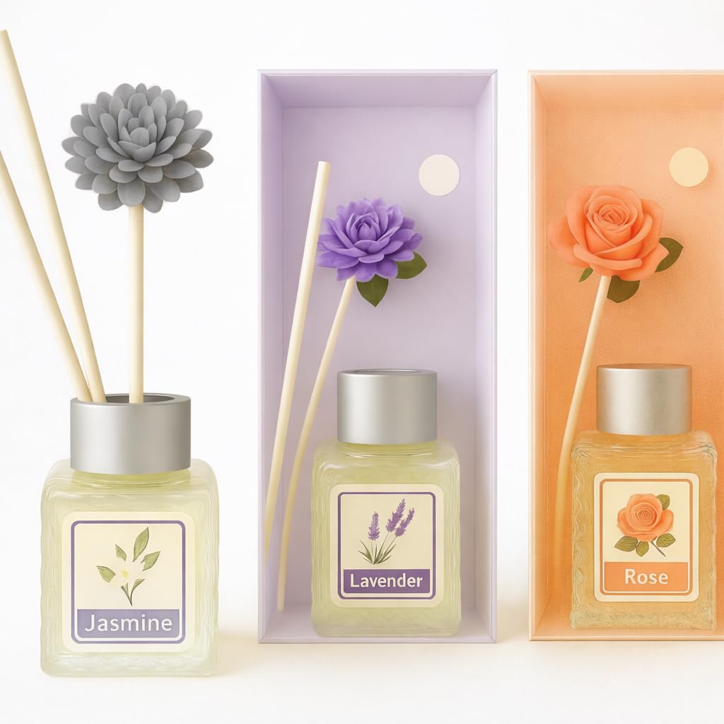 UCRAVO Jasmine Lavender Rose Reed Diffuser Combo 3 Aroma Fragrance Bottles for Home & Office | Long Lasting Room Freshener Liquid Floral Scented Reed Diffuser Set for Bedroom, Bathroom & Living Room