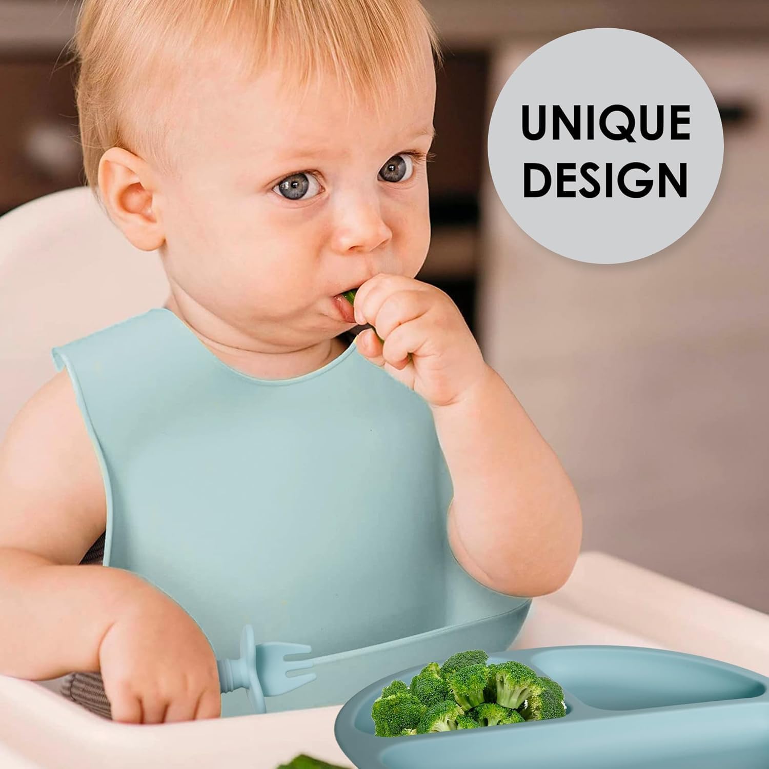 UCRAVO Baby Silicone Feeding Bib with Extra Wide Food Catch Pocket 100% Waterproof & BPA-Free Soft Silicone Toddler Bibs – Adjustable Neck Snap Buttons Mess-Free Reusable & Dishwasher Safe Bib - Blue