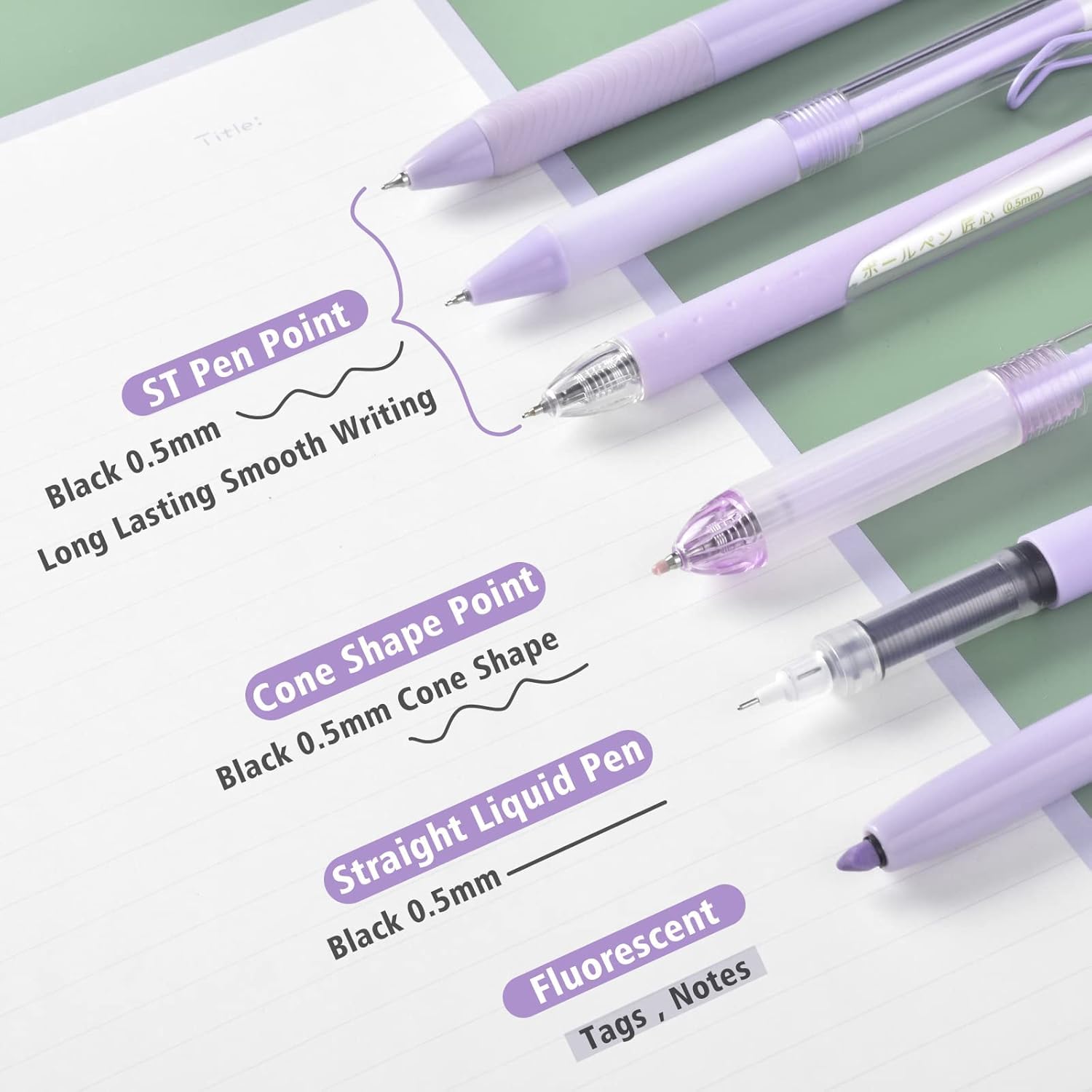 UCRAVO 5 Pcs Gel Pens and 1Pc Highlighter, Quick Dry Blue Ink Pen Fine Point Black 0.5mm, Aesthetic Stuff Retractable Rolling Ball Pen Smooth Writing for School Supplies Journaling (Purple)