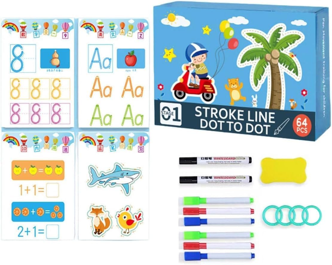 UCRAVO 64 Pcs Reusable Preschool Writing Practice Kit for Kids Montessori Learning Flash Cards,Alphabet Number Tracing,Wipe Clean Educational Toy,Early Math,Drawing Activity for Toddler,Homeschooling