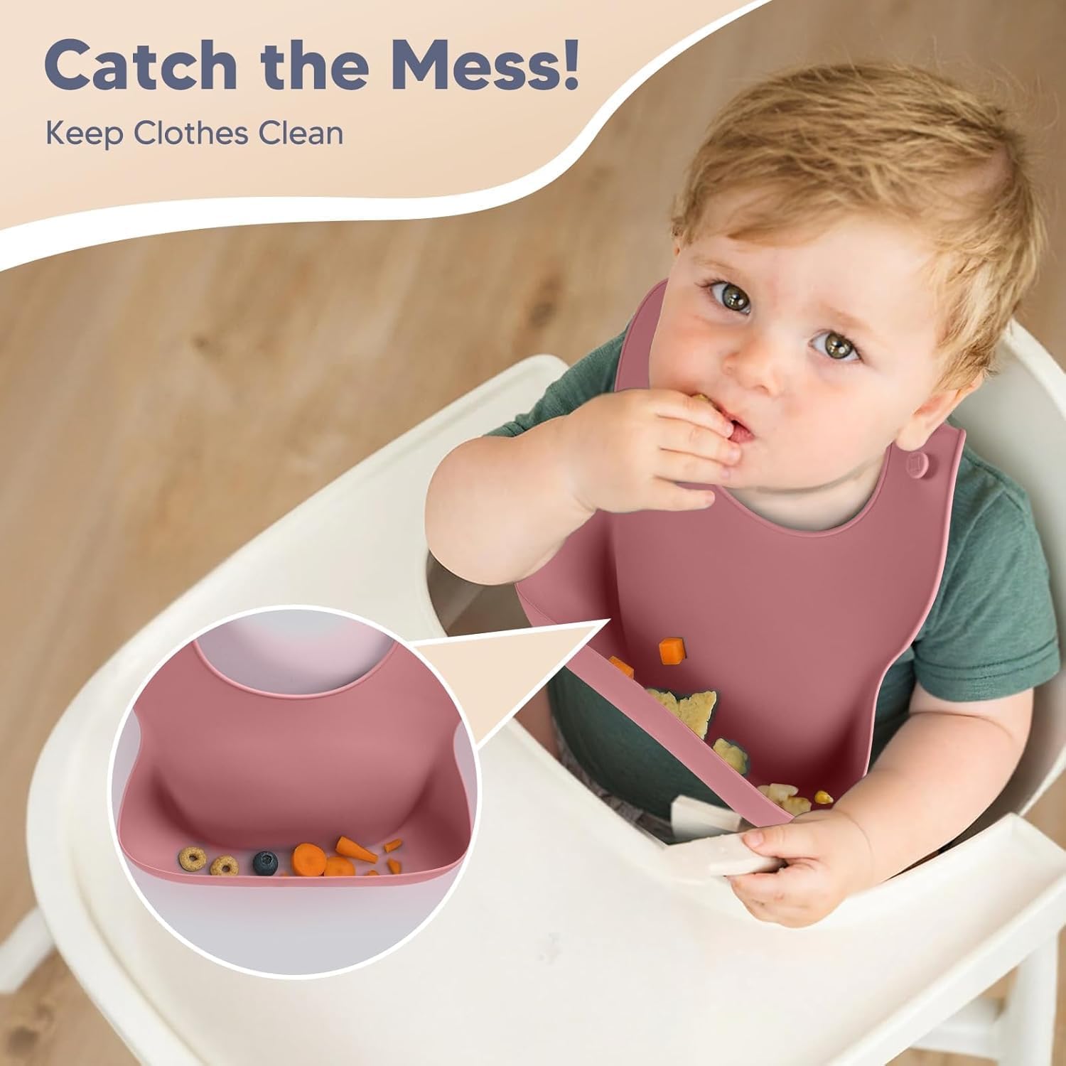 UCRAVO Pink Silicone Baby Feeding Bib with Extra Wide Food Catcher Pocket – 100% Waterproof, BPA-Free & Non-Toxic Soft Toddler Bib – Adjustable Neck Snap Buttons for Infants & Toddlers 6-36 Months