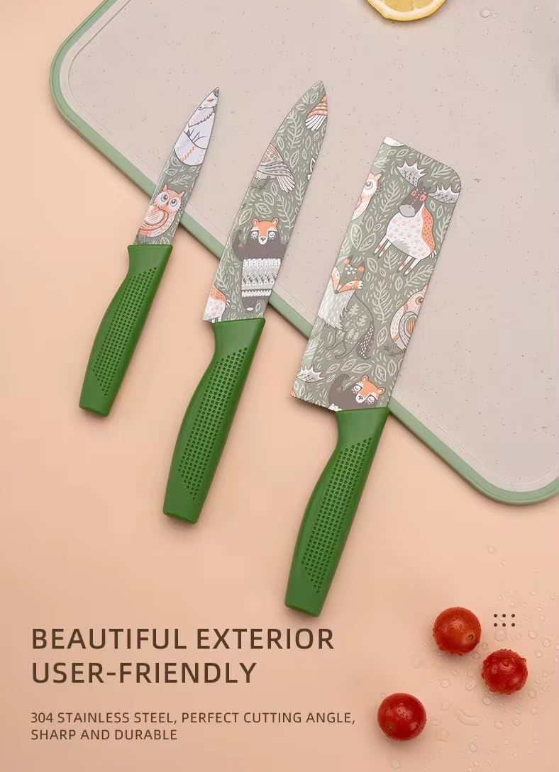 UCRAVO 3 Pcs Green Professional Kitchen Knife Set, Colorful Stainless Steel Chef Utility, Paring Knife, Razor Sharp Multipurpose Knives for Cutting Vegetables, Fruits, Bread with Non Slip Handle